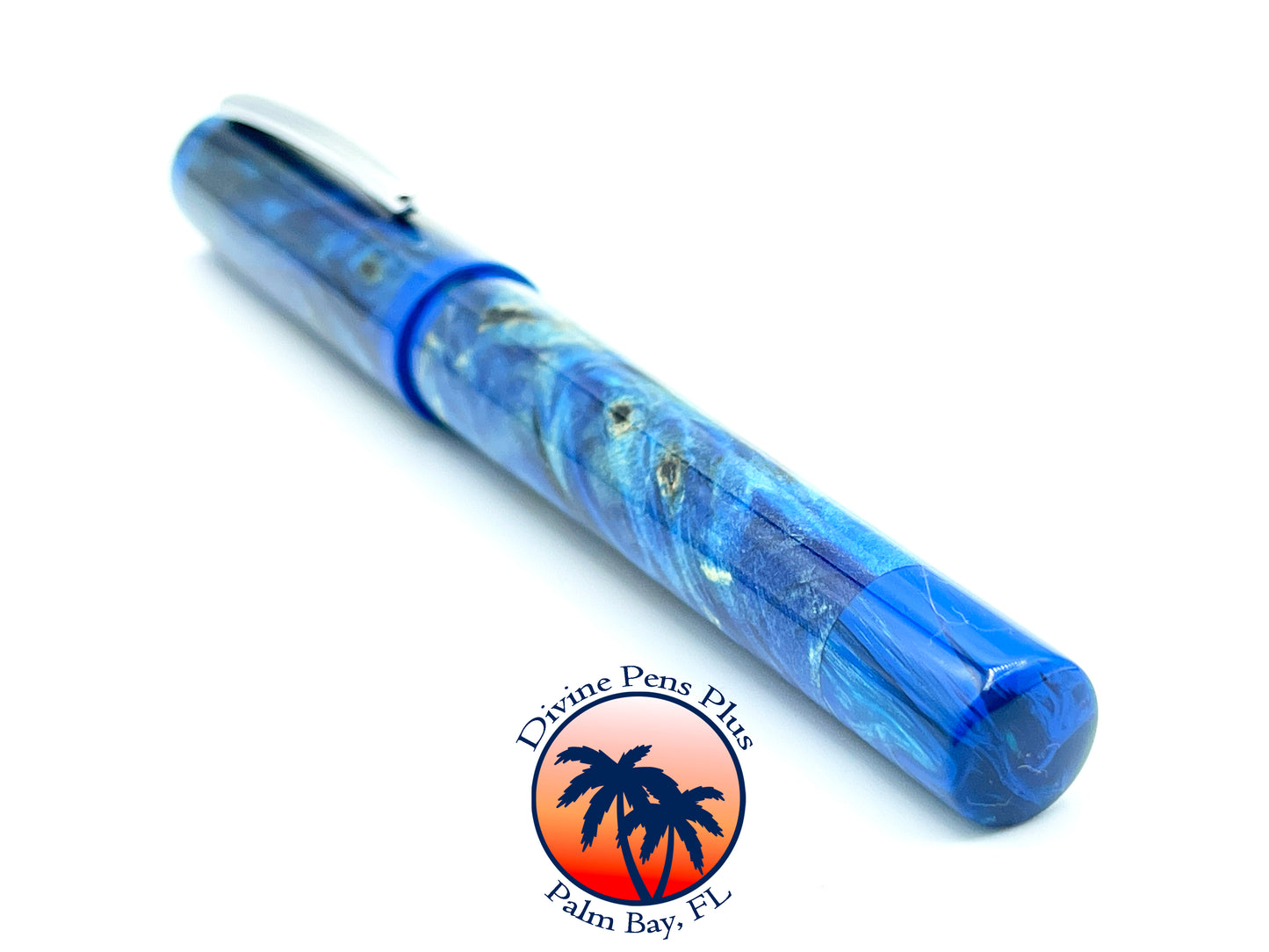 Agape Fountain Pen - Dyed Buckeye Burl w/Blue Resin