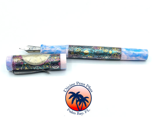 Custom Fountain Pen - Steampunk Watch Parts w/Color Foil and "Reef"