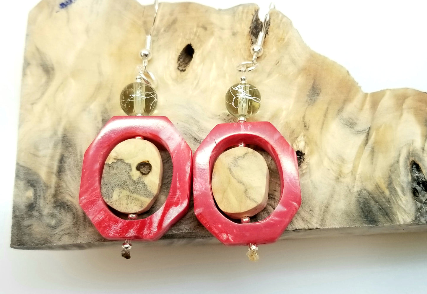 White & Red Pearl Block "O" Resin Earrings w/ Hook