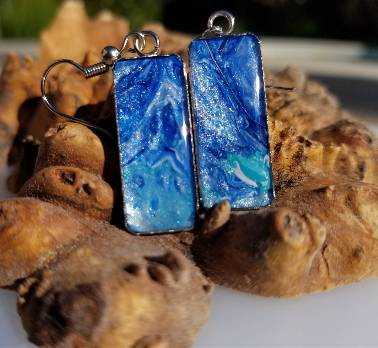 Acrylic Pour Skin with Resin Dome / Silver Tray or Black TrayWire Hook Earrings