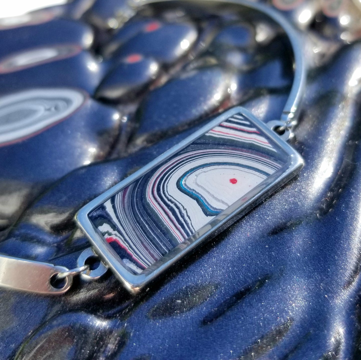 Jewelry Grade Fordite with Resin Dome - Stainless Steel Rectangle Bracelet