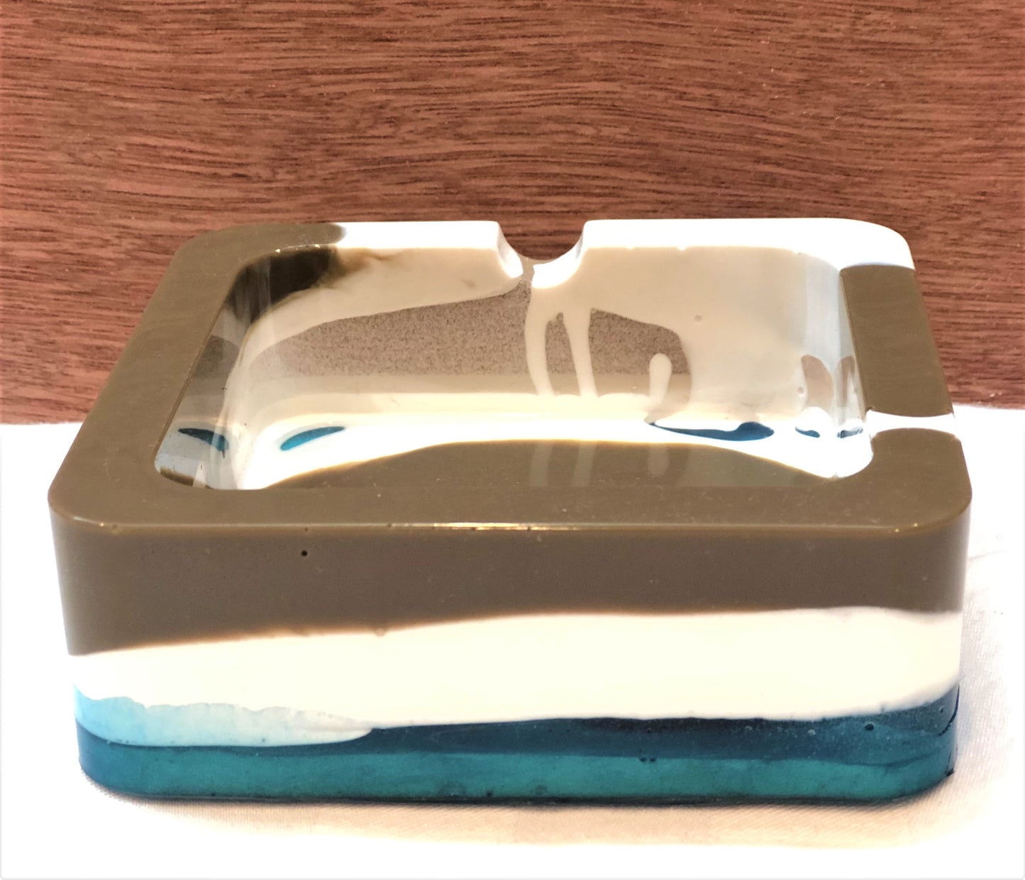 Square White Brown and Blue Trinket/Ashtray