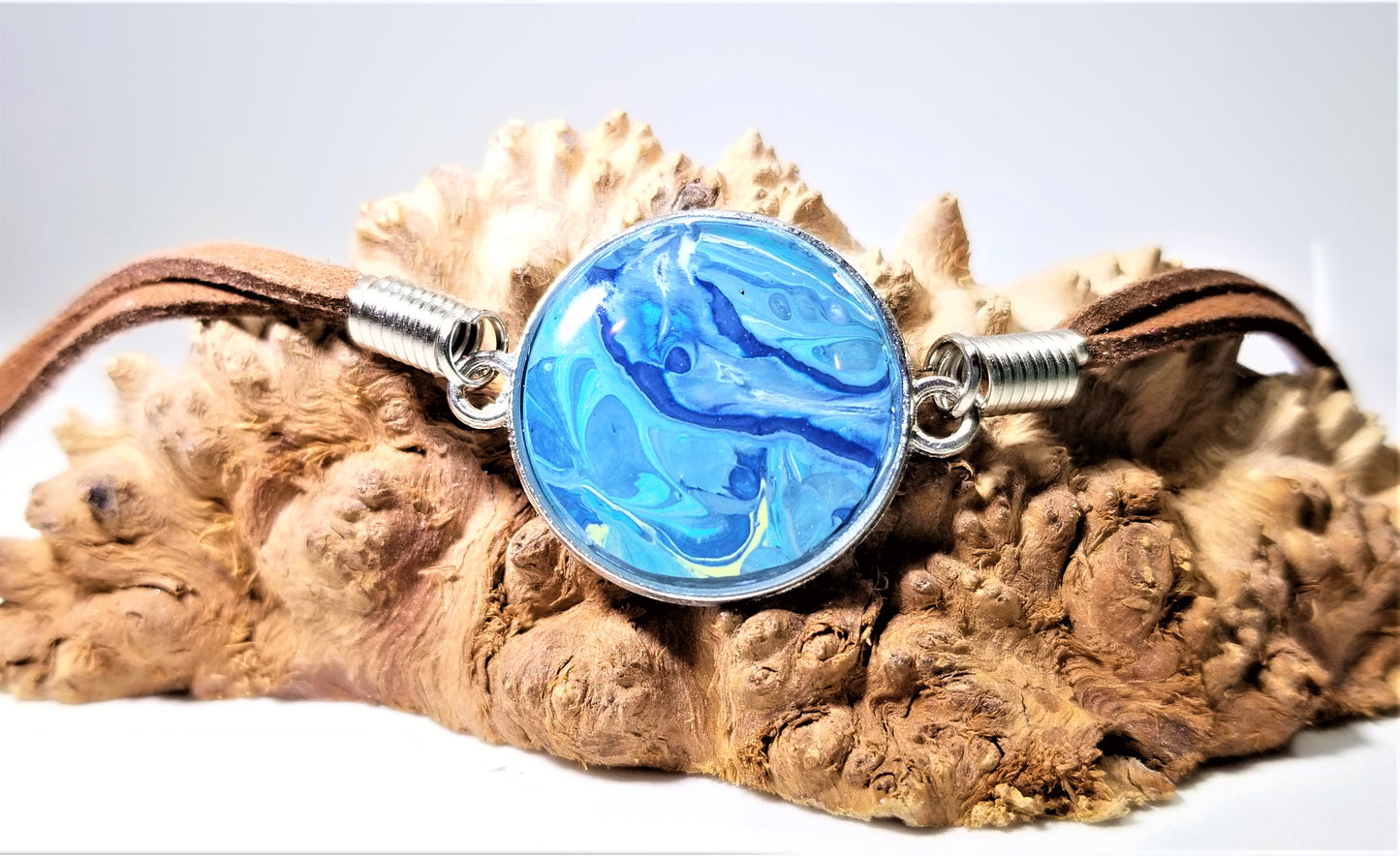 Acrylic Pour Skin with Resin Dome / Silver Pendant - Leather Bracelet
