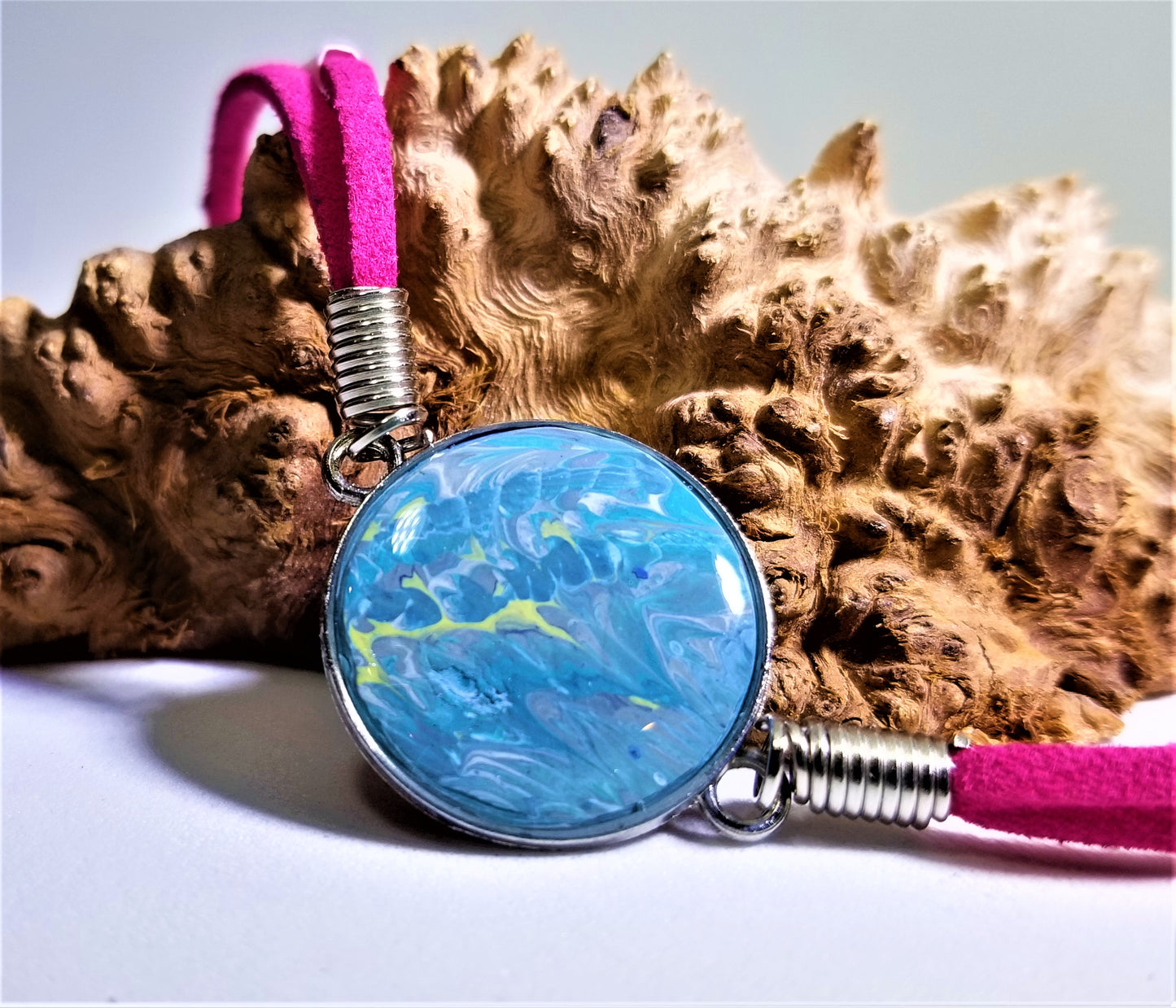 Acrylic Pour Skin with Resin Dome / Silver Pendant - Leather Bracelet