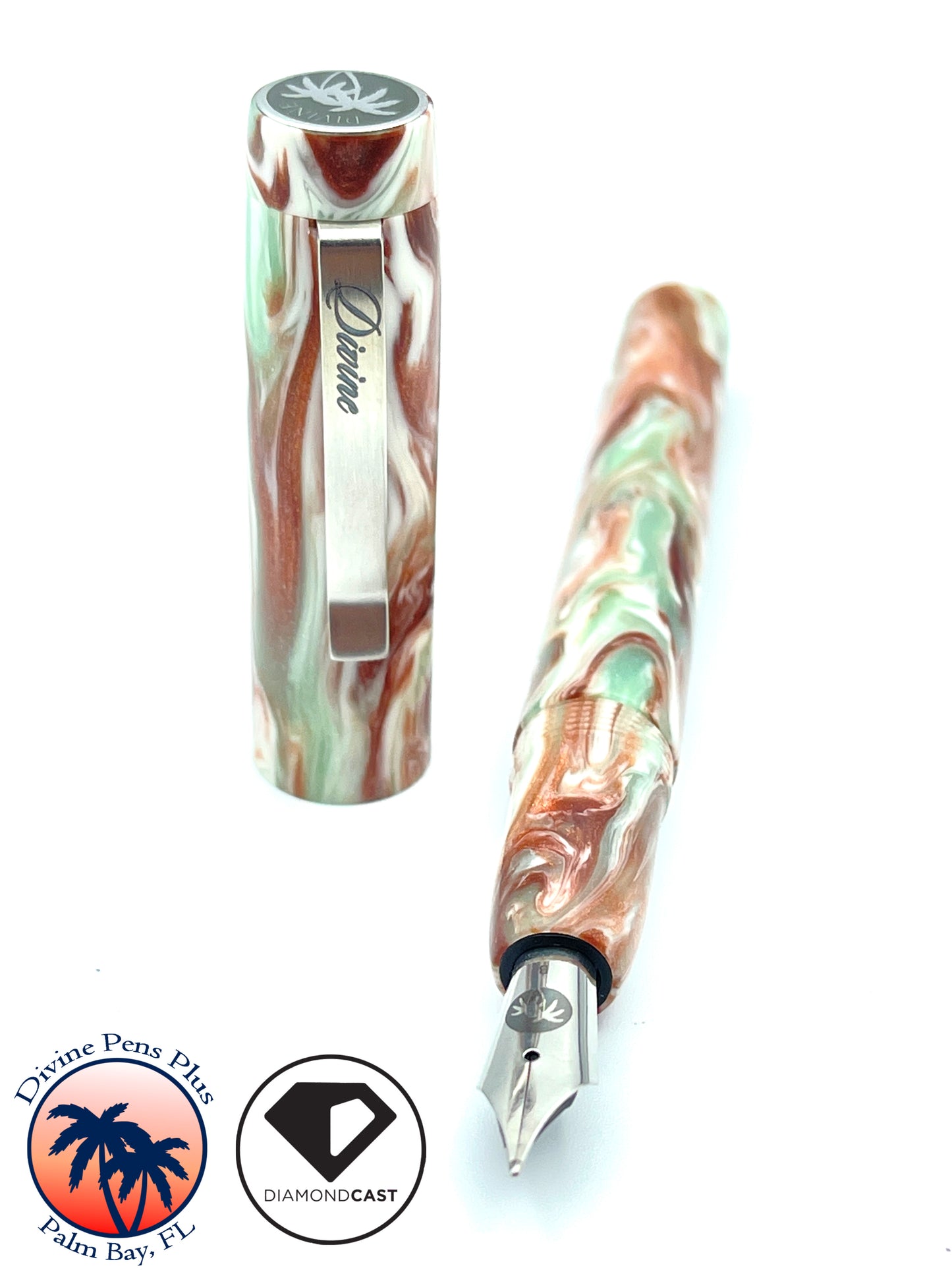 Agape Fountain Pen - Custom DiamondCast™ Malachite, Copper, and White