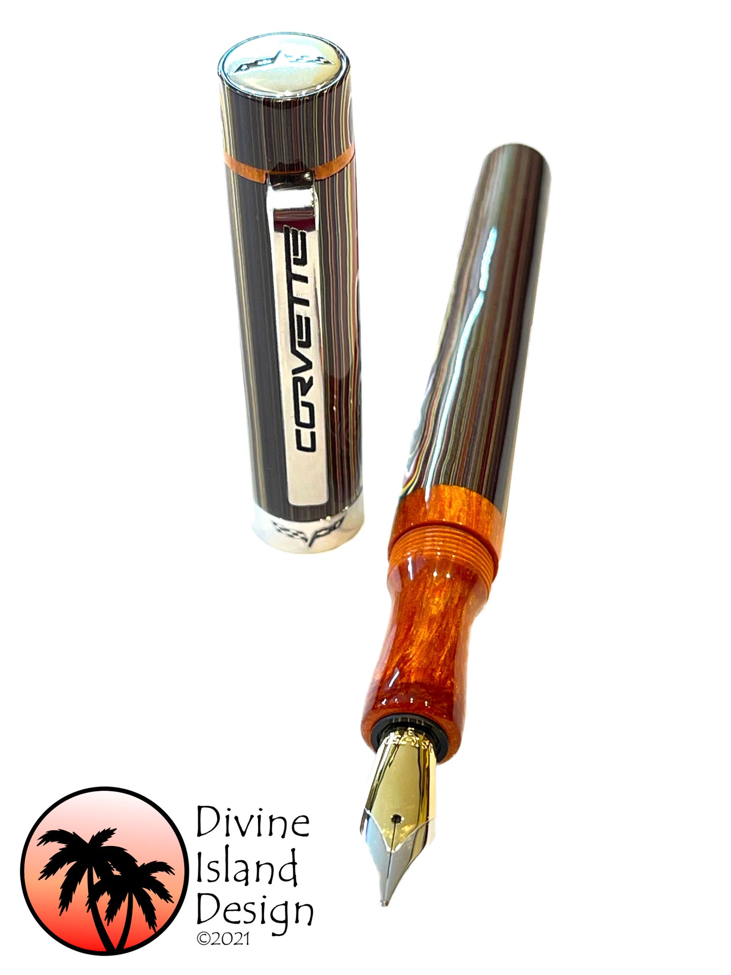 Custom Fountain Pen - Corvette Fordite with Daytona Orange