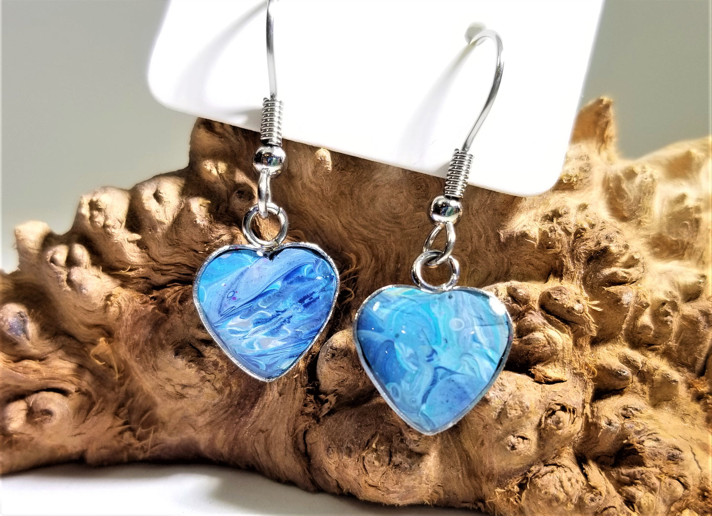 Acrylic Pour Skin with Resin Dome / Silver Wire Hook Heart Earrings