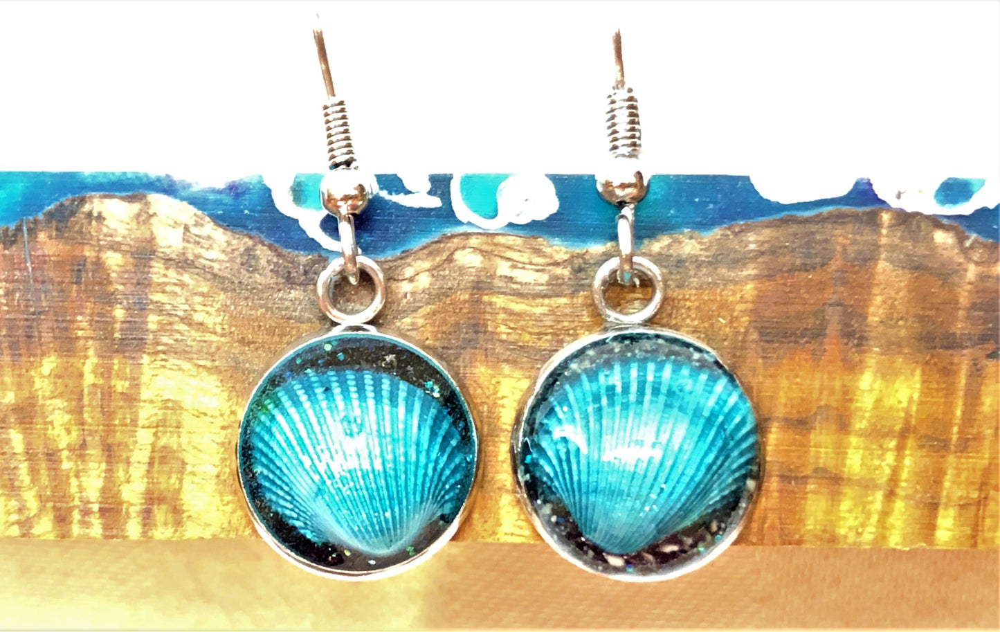 Seashell w/ Black Sand / Silver Wire Hook Earrings