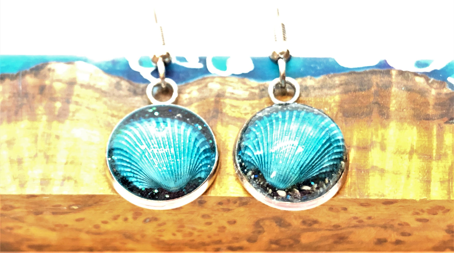 Seashell w/ Black Sand / Silver Wire Hook Earrings