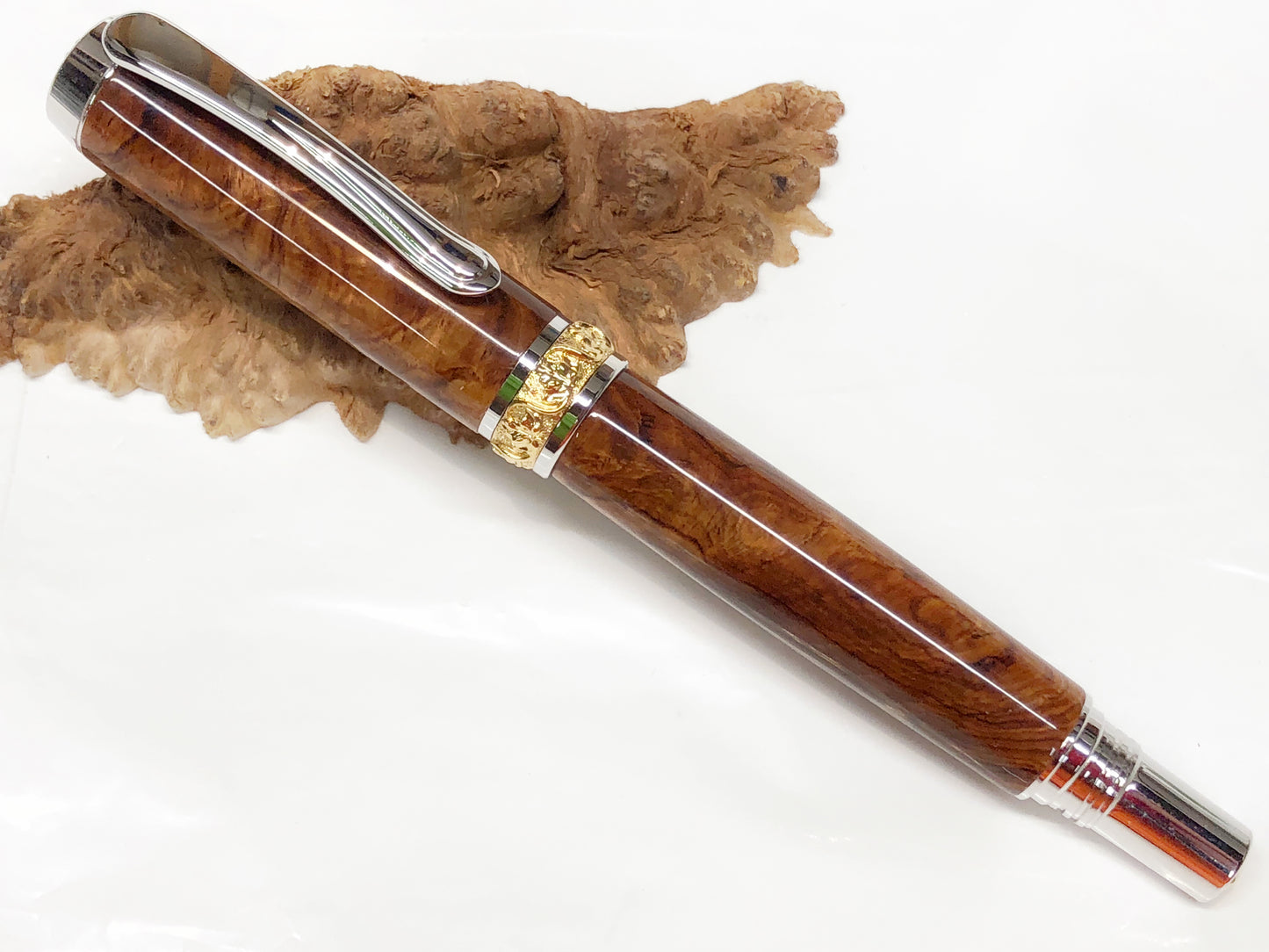 Aaron Rollerball / Rhodium and Gold - Wood / Honduran Rosewood Burl
