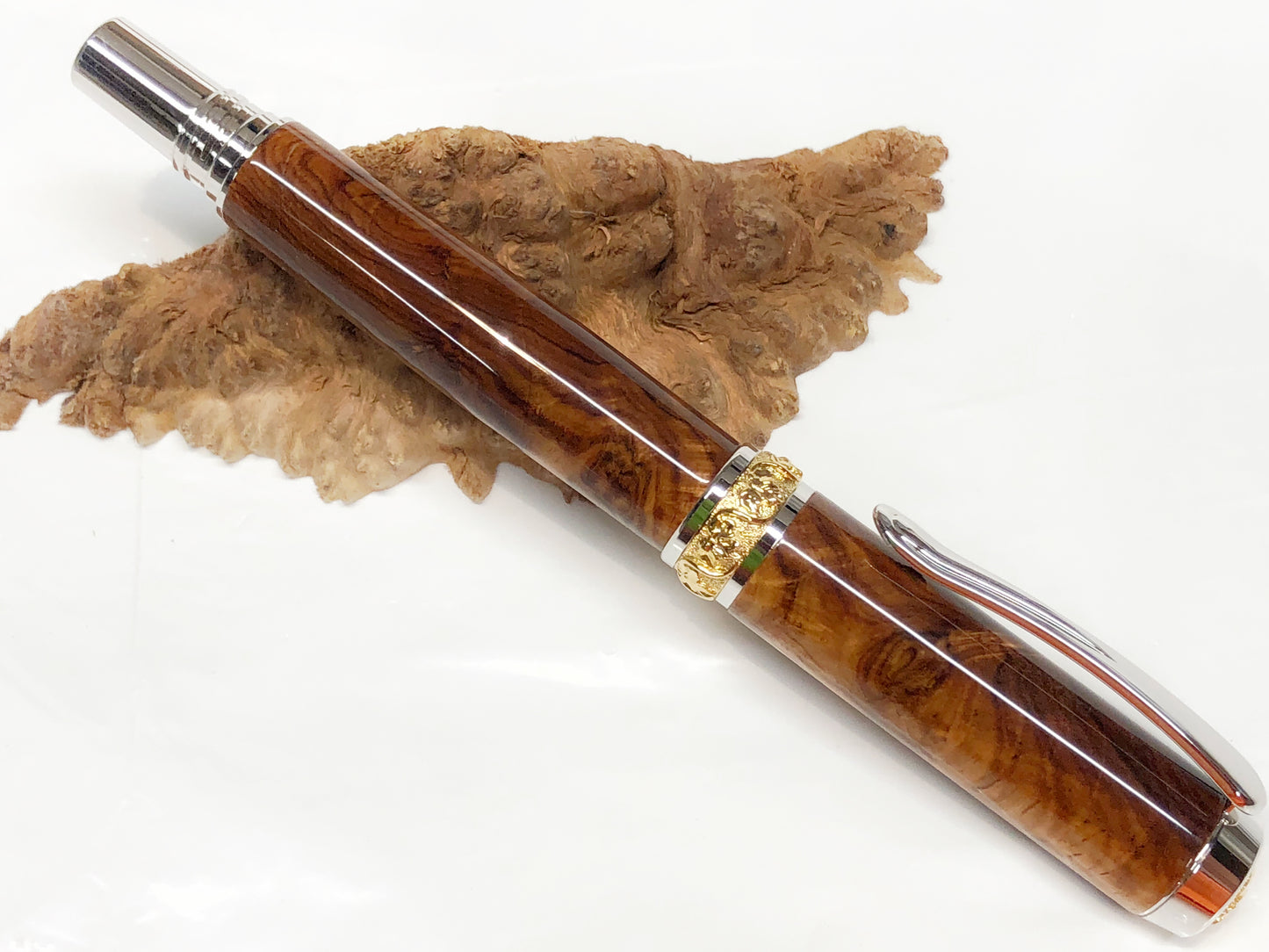Aaron Rollerball / Rhodium and Gold - Wood / Honduran Rosewood Burl