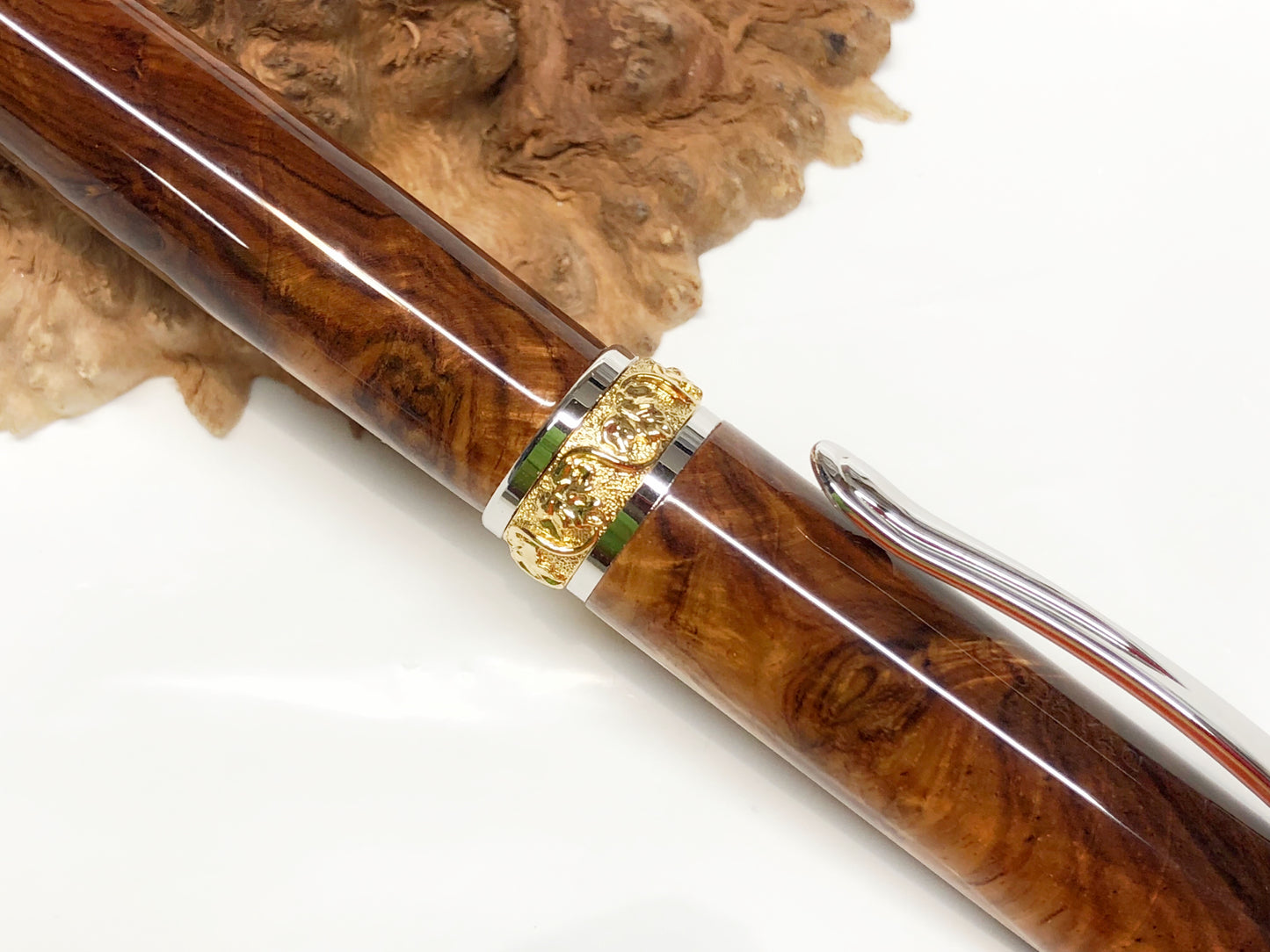 Aaron Rollerball / Rhodium and Gold - Wood / Honduran Rosewood Burl