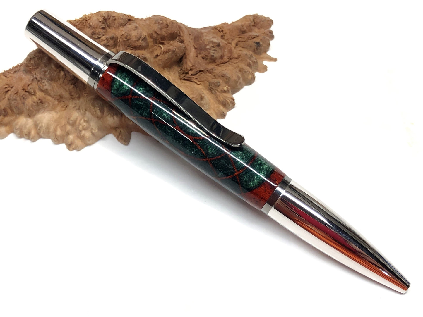 Ares / Rhodium and Black Titanium - Hybrid / Paduak cutout and Spruce Green Resin