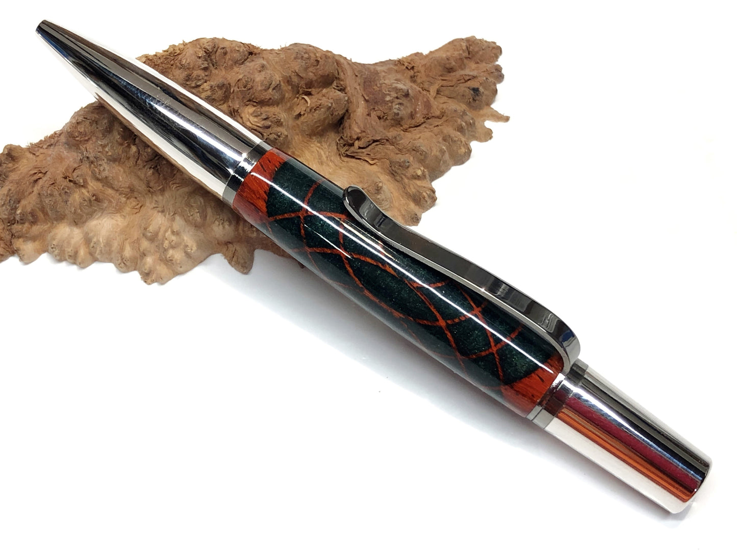 Ares / Rhodium and Black Titanium - Hybrid / Paduak cutout and Spruce Green Resin