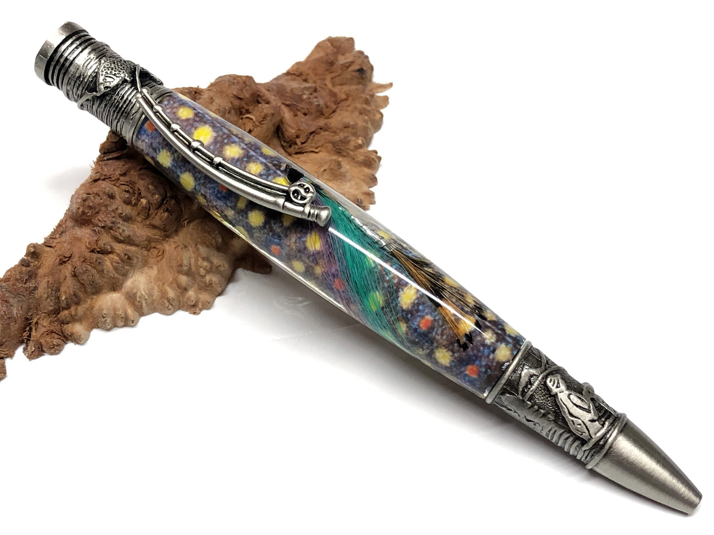 Fly Fishing Ballpoint / Antique Pewter - Purple/Teal Fly with Brook Trout Background