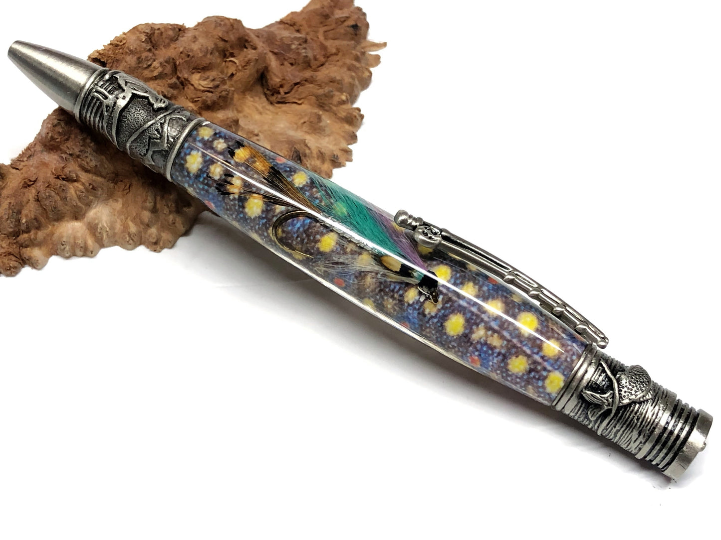 Fly Fishing Ballpoint / Antique Pewter - Purple/Teal Fly with Brook Trout Background