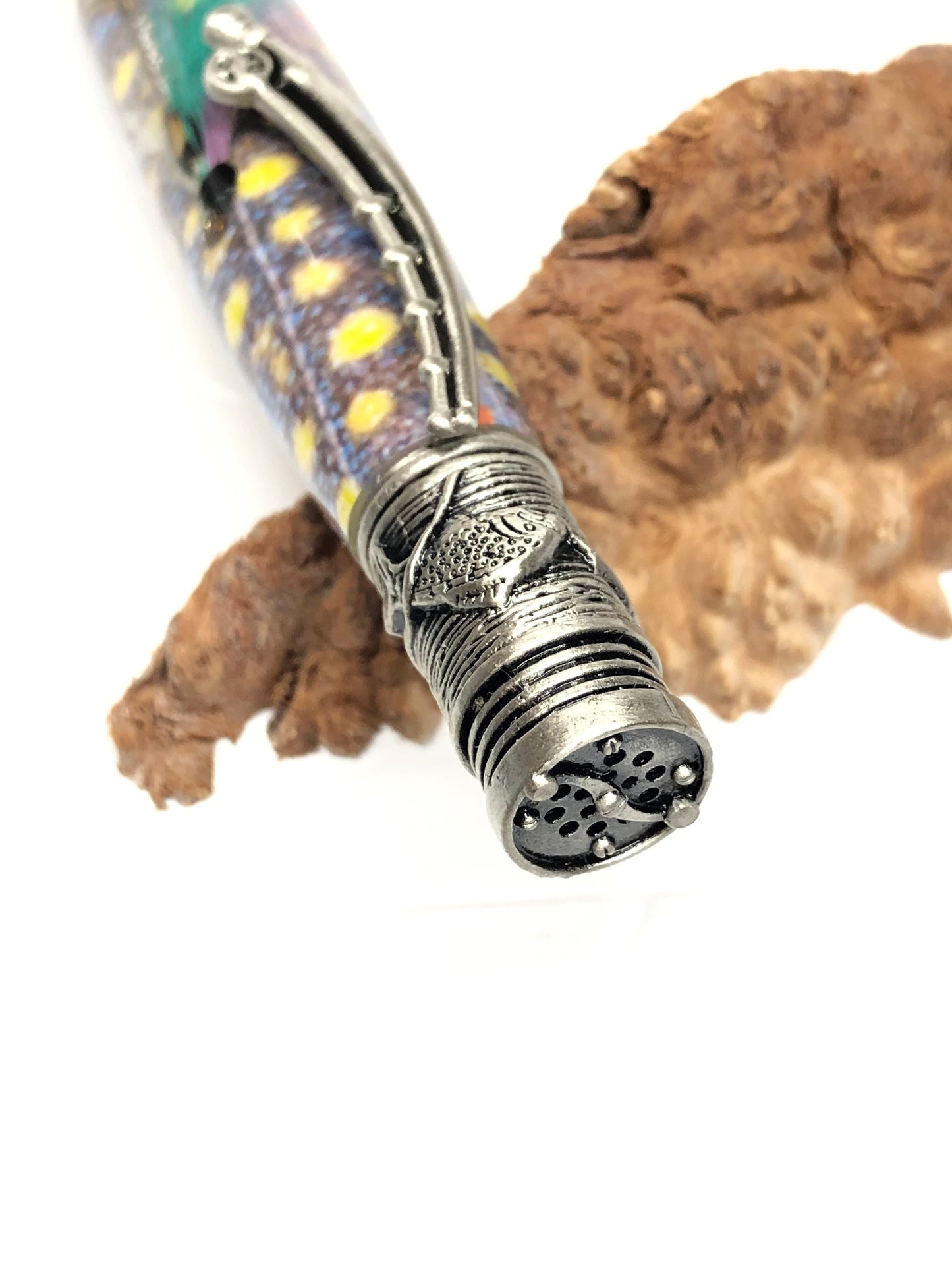 Fly Fishing Ballpoint / Antique Pewter - Purple/Teal Fly with Brook Trout Background