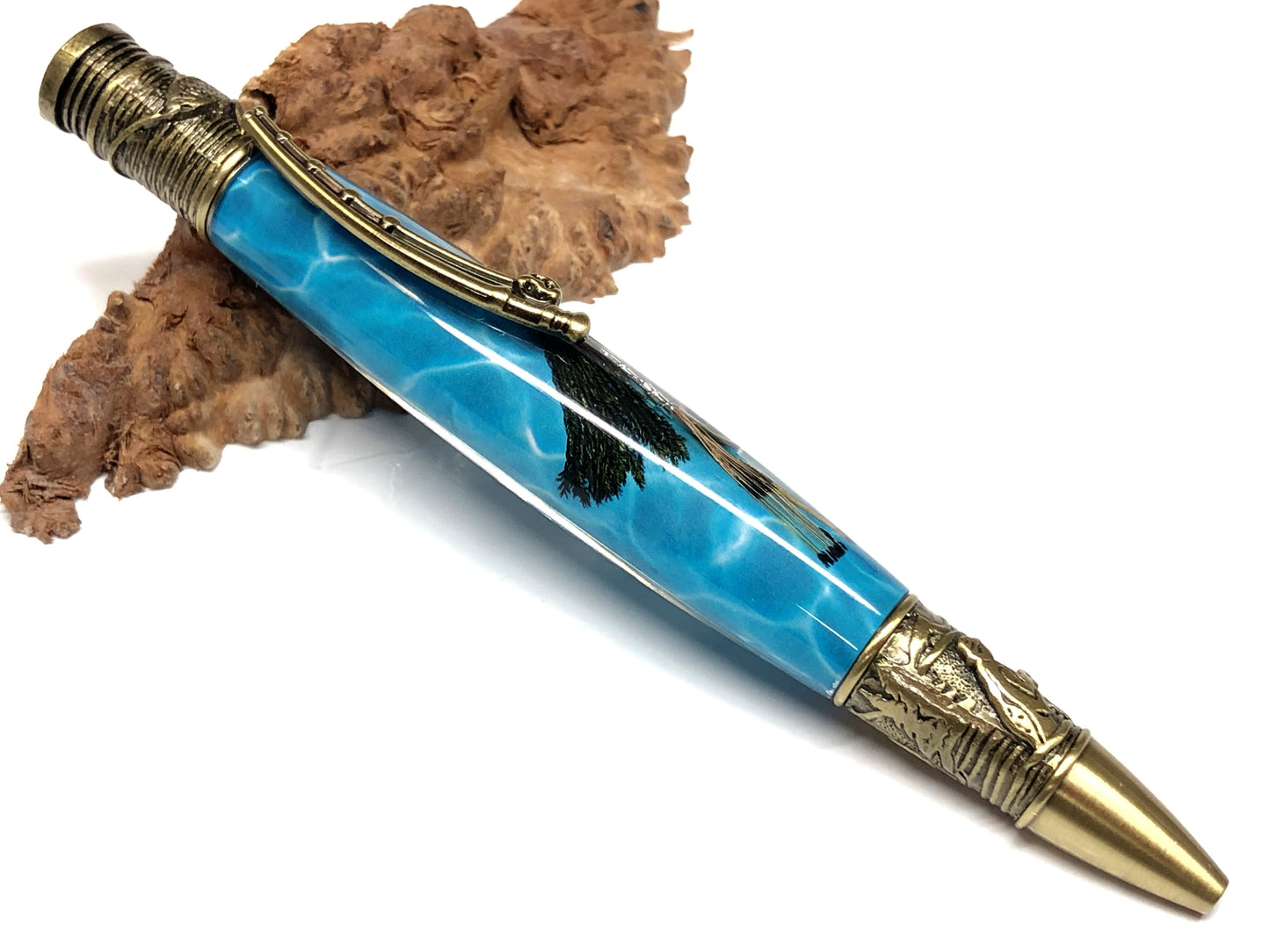 Fly Fishing Ballpoint / Antique Brass - Green Feather Fly with Water Background