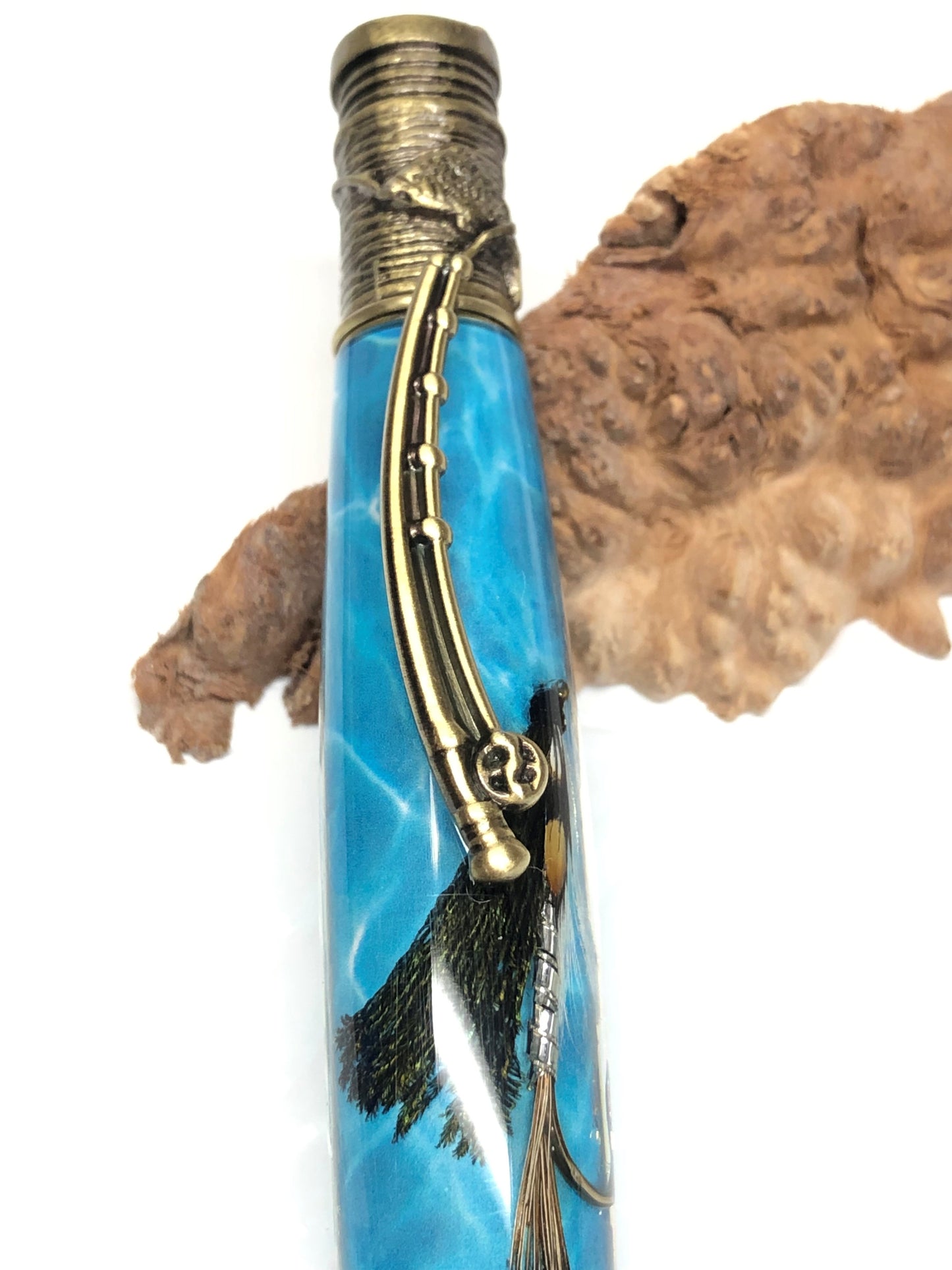 Fly Fishing Ballpoint / Antique Brass - Green Feather Fly with Water Background