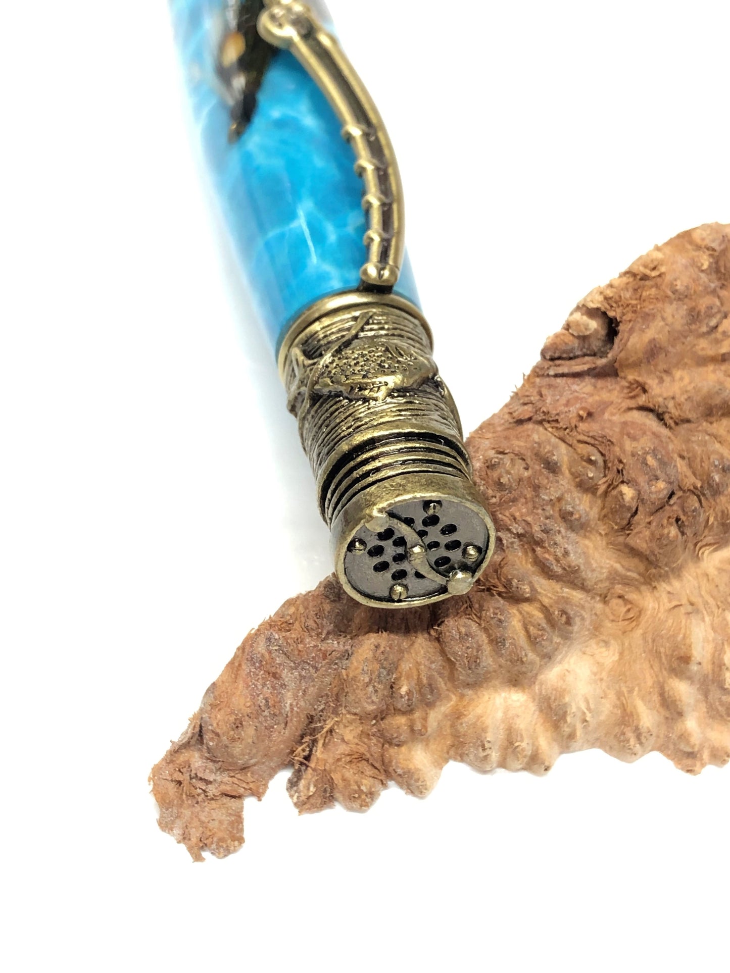 Fly Fishing Ballpoint / Antique Brass - Green Feather Fly with Water Background
