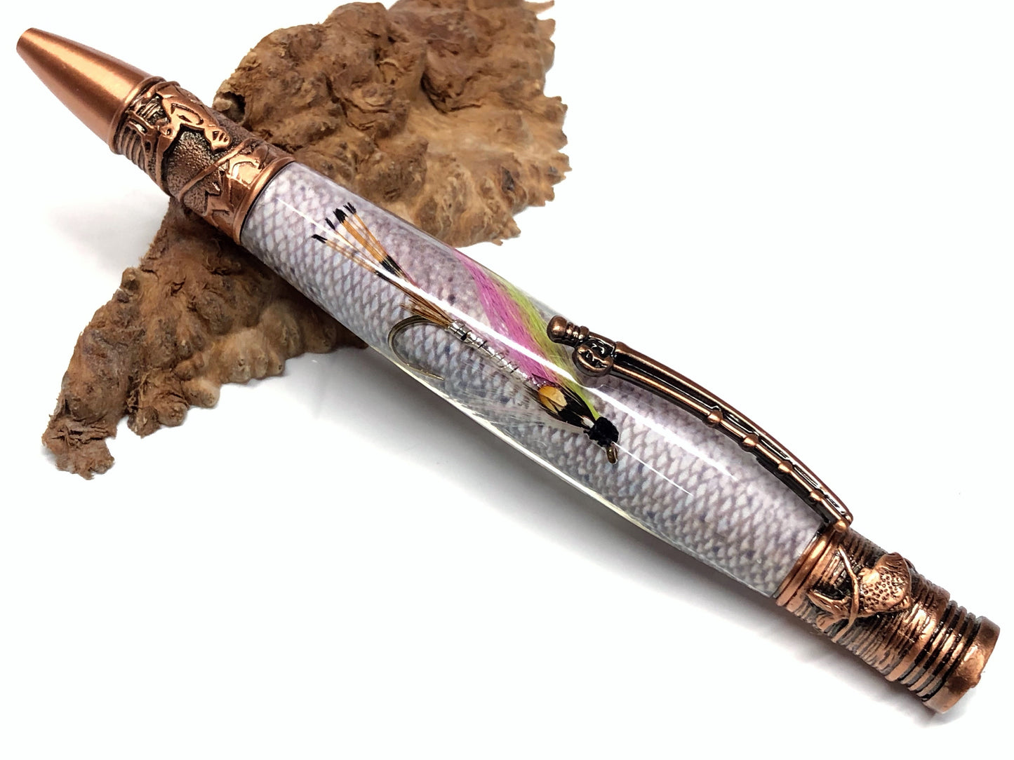 Fly Fishing Ballpoint / Antique Copper - Pink/Yellow Fly with Steelhead Background