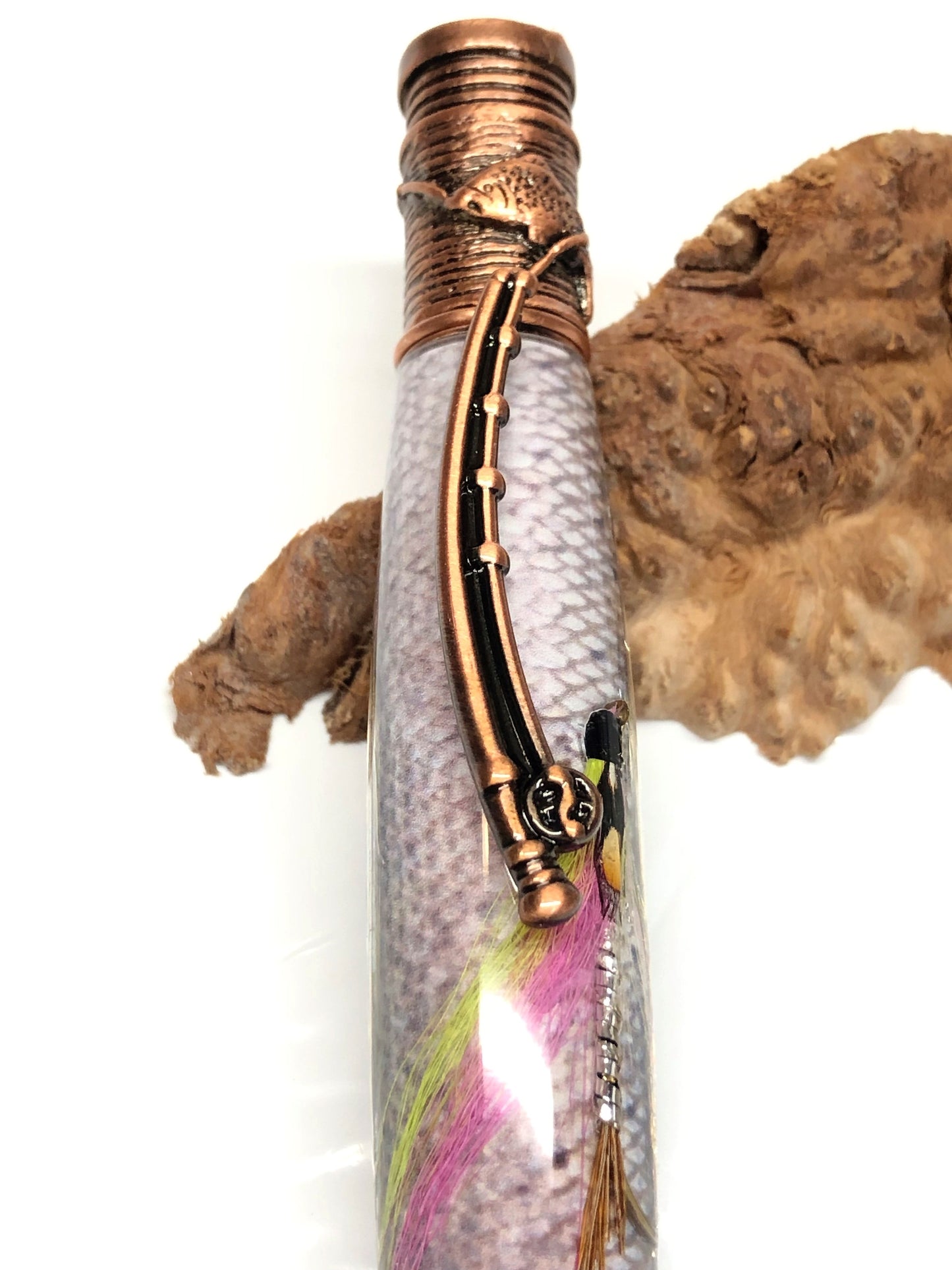 Fly Fishing Ballpoint / Antique Copper - Pink/Yellow Fly with Steelhead Background