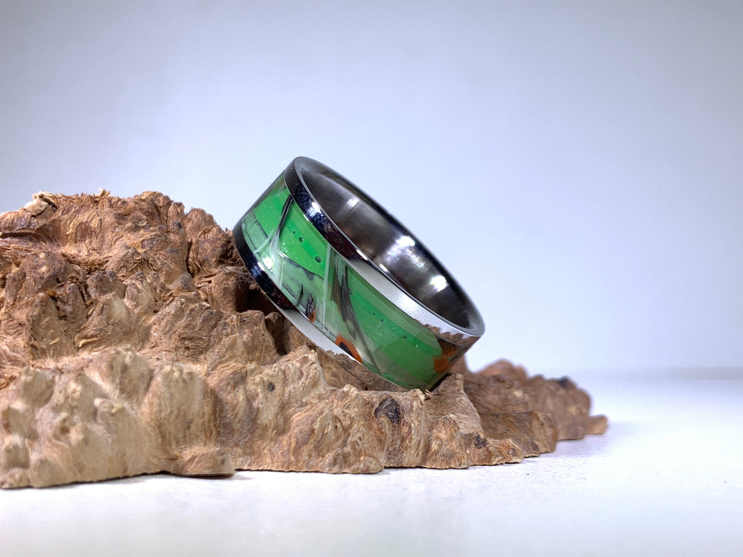 Ring / 8mm 2 piece Stainless Steel - Resin / Clear with Black Orange and White Ribbons- Size 12