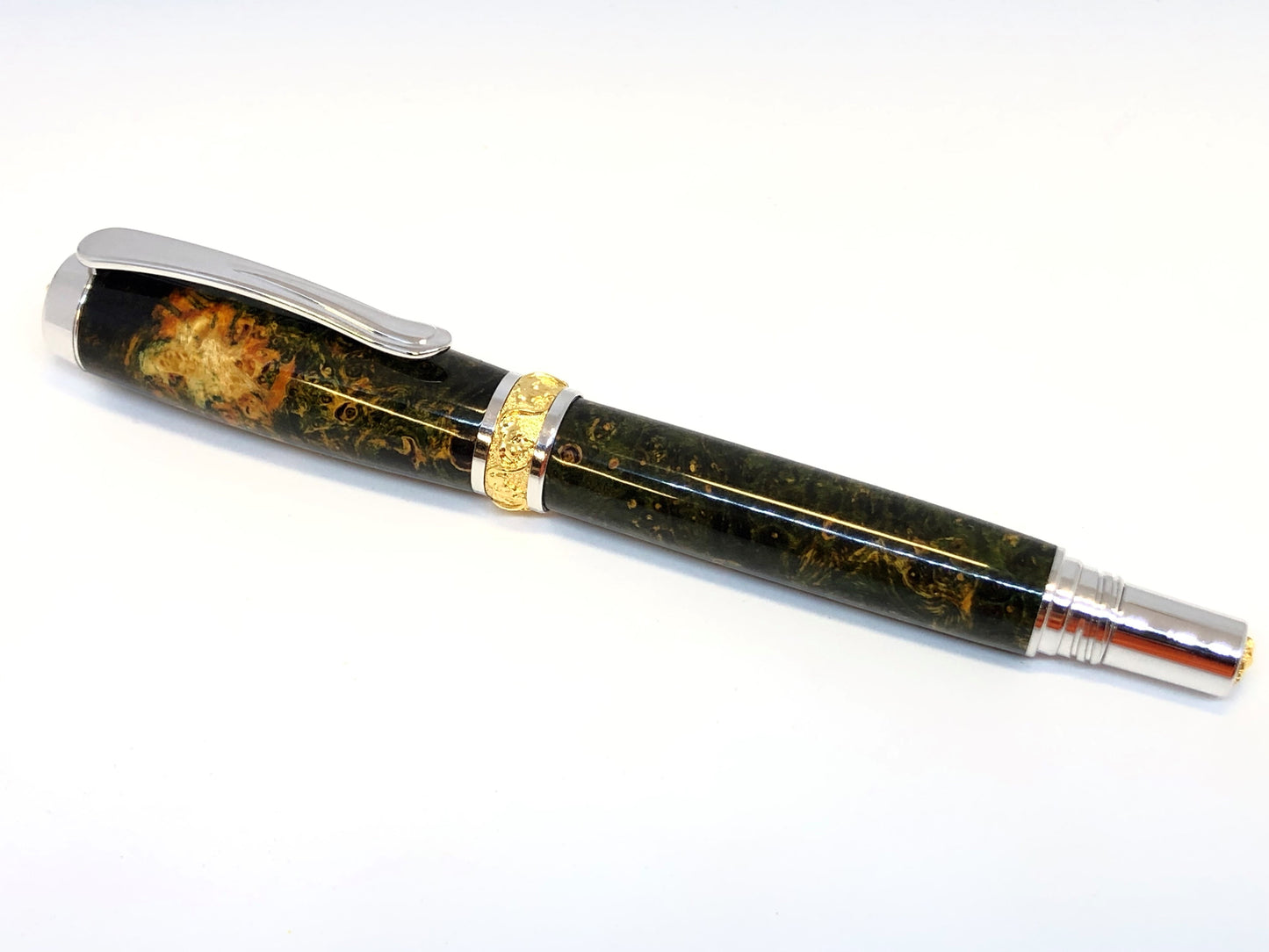 Aaron Rollerball / Rhodium and Gold - Wood / Dyed Black Ash Burl