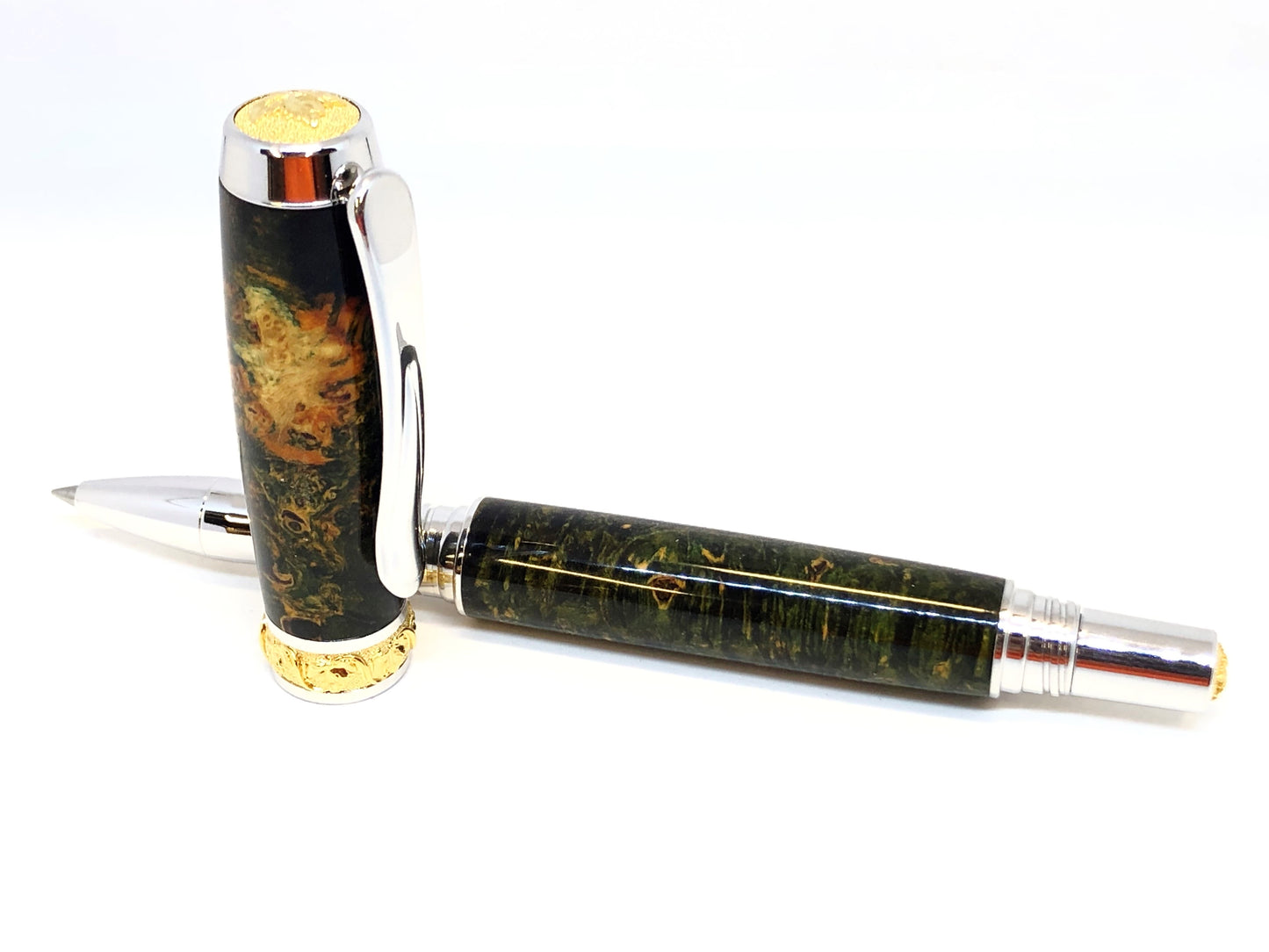 Aaron Rollerball / Rhodium and Gold - Wood / Dyed Black Ash Burl