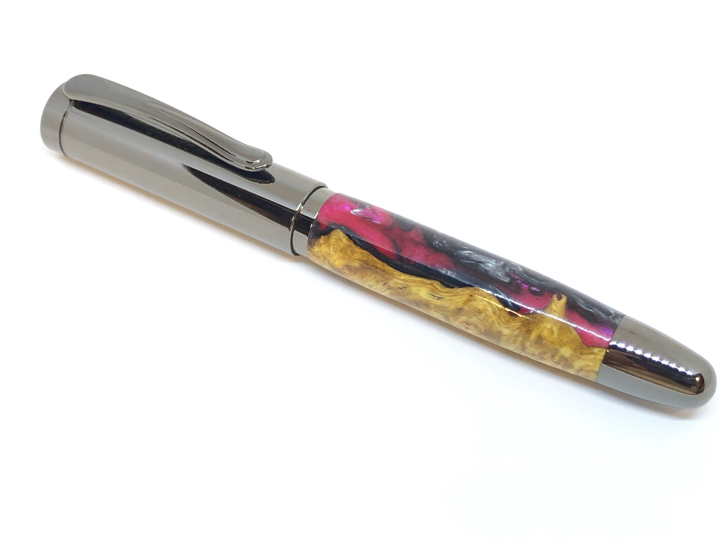 Dennis Rollerball / Gunmetal - Hybrid / Amboyna Burl with Black/Pink/Silver Resin