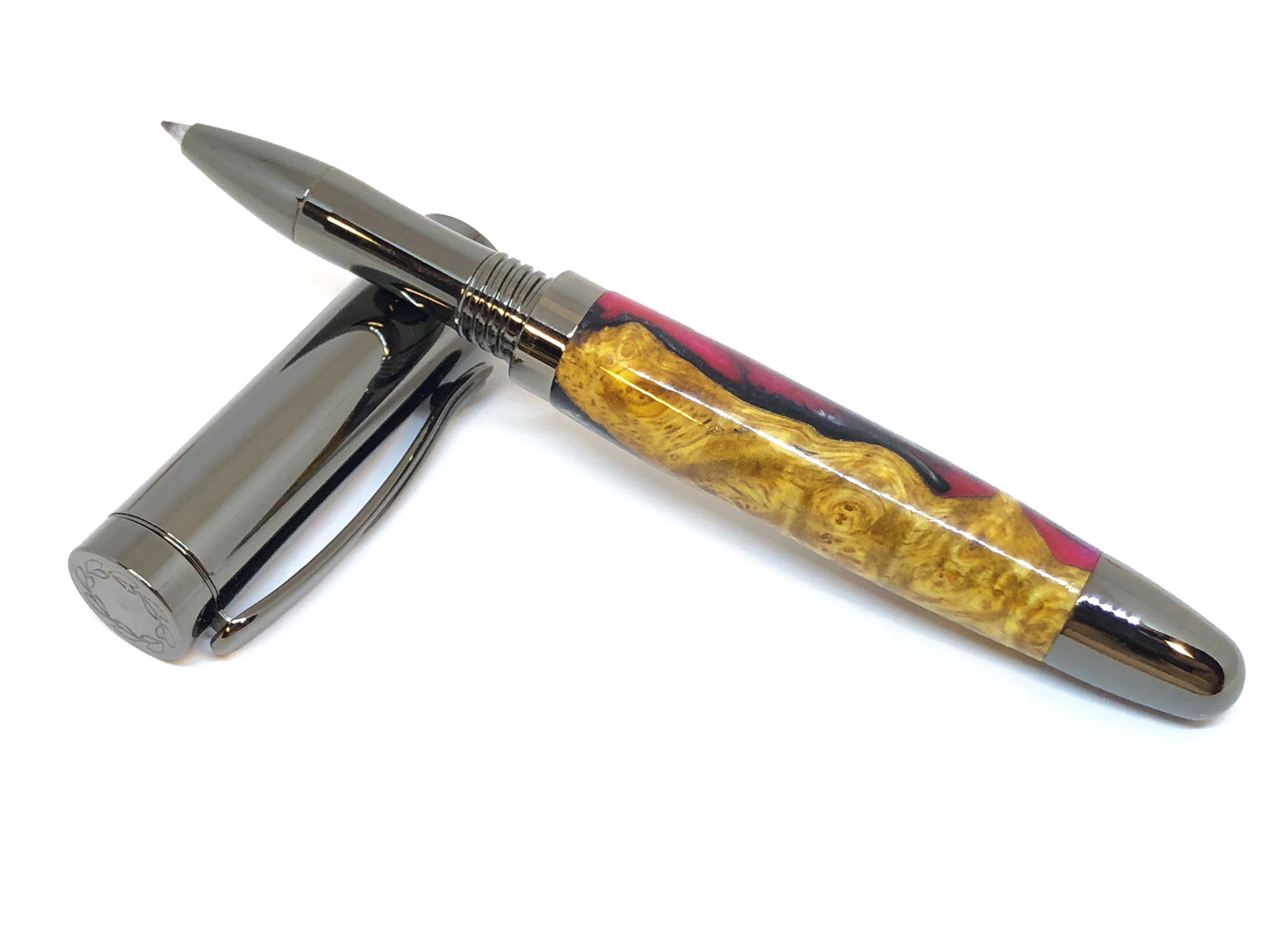 Dennis Rollerball / Gunmetal - Hybrid / Amboyna Burl with Black/Pink/Silver Resin