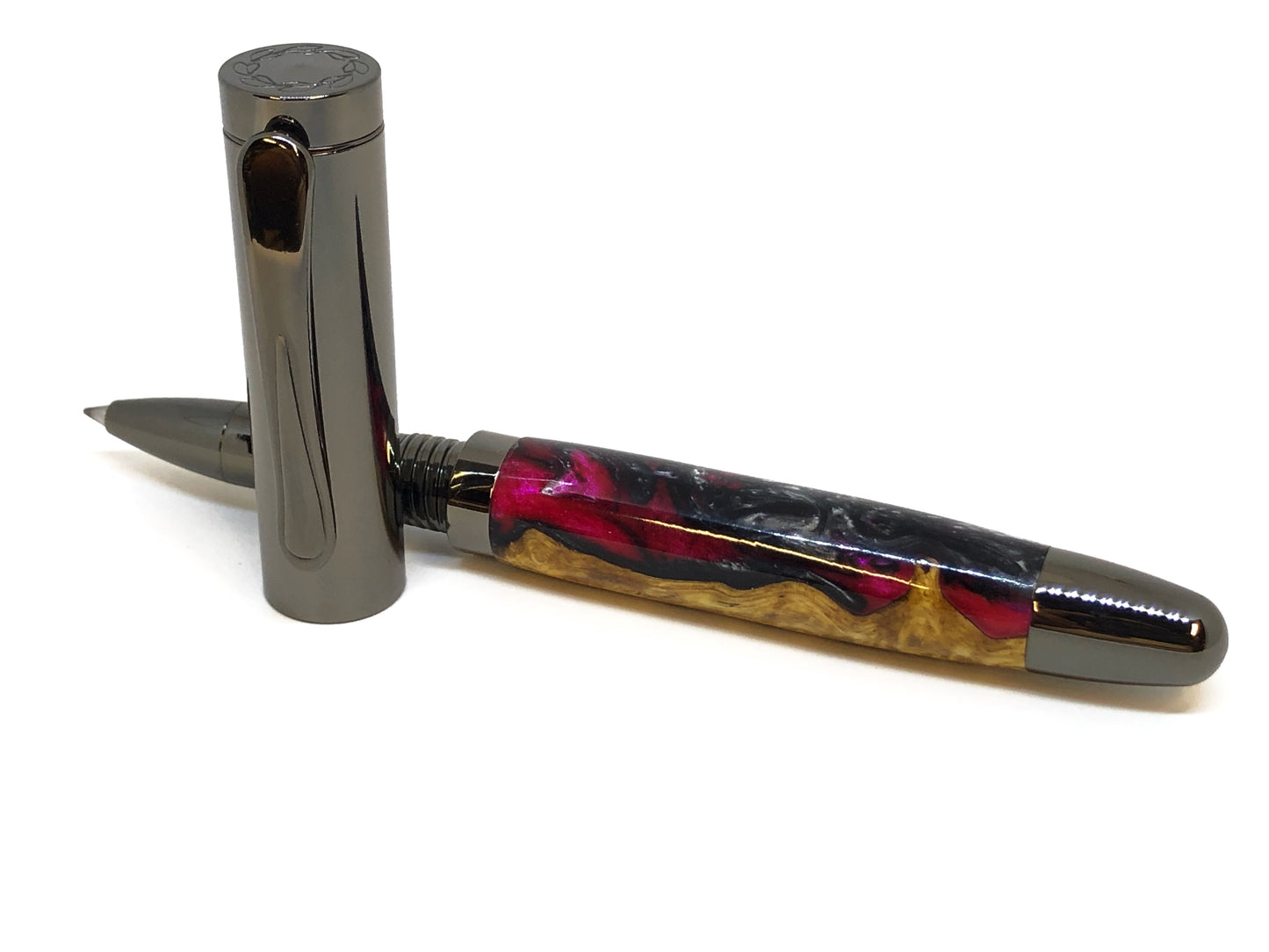 Dennis Rollerball / Gunmetal - Hybrid / Amboyna Burl with Black/Pink/Silver Resin
