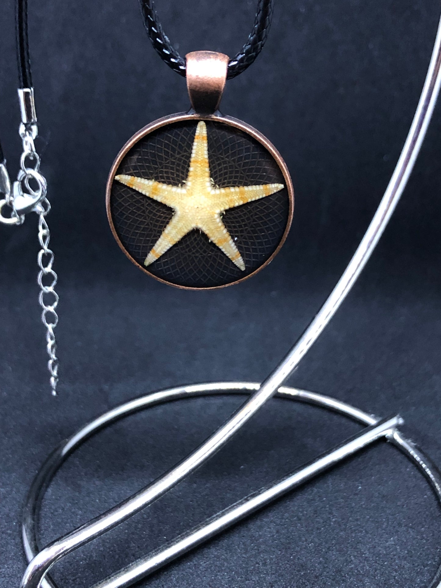 Starfish / Antique Bronze Pendant - Black Cord Necklace