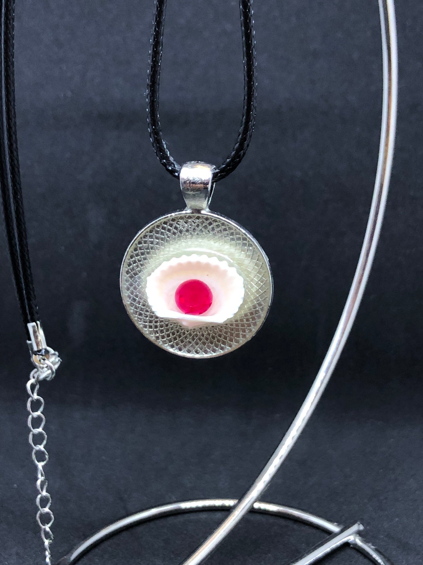 Seashell w/ Gem / Chrome Pendant - Black Cord Necklace
