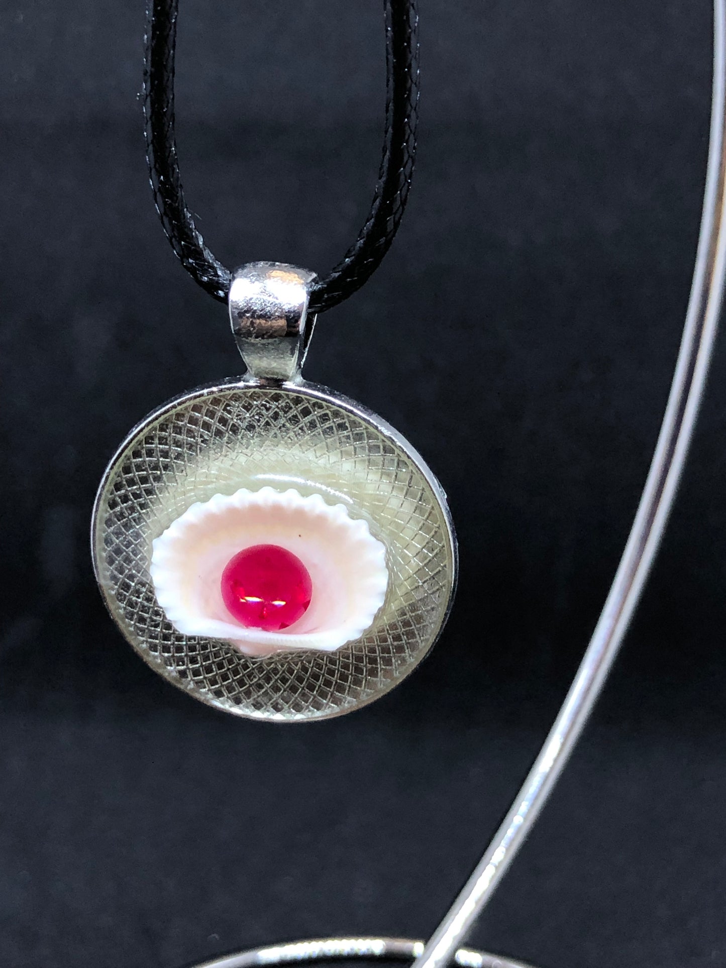 Seashell w/ Gem / Chrome Pendant - Black Cord Necklace