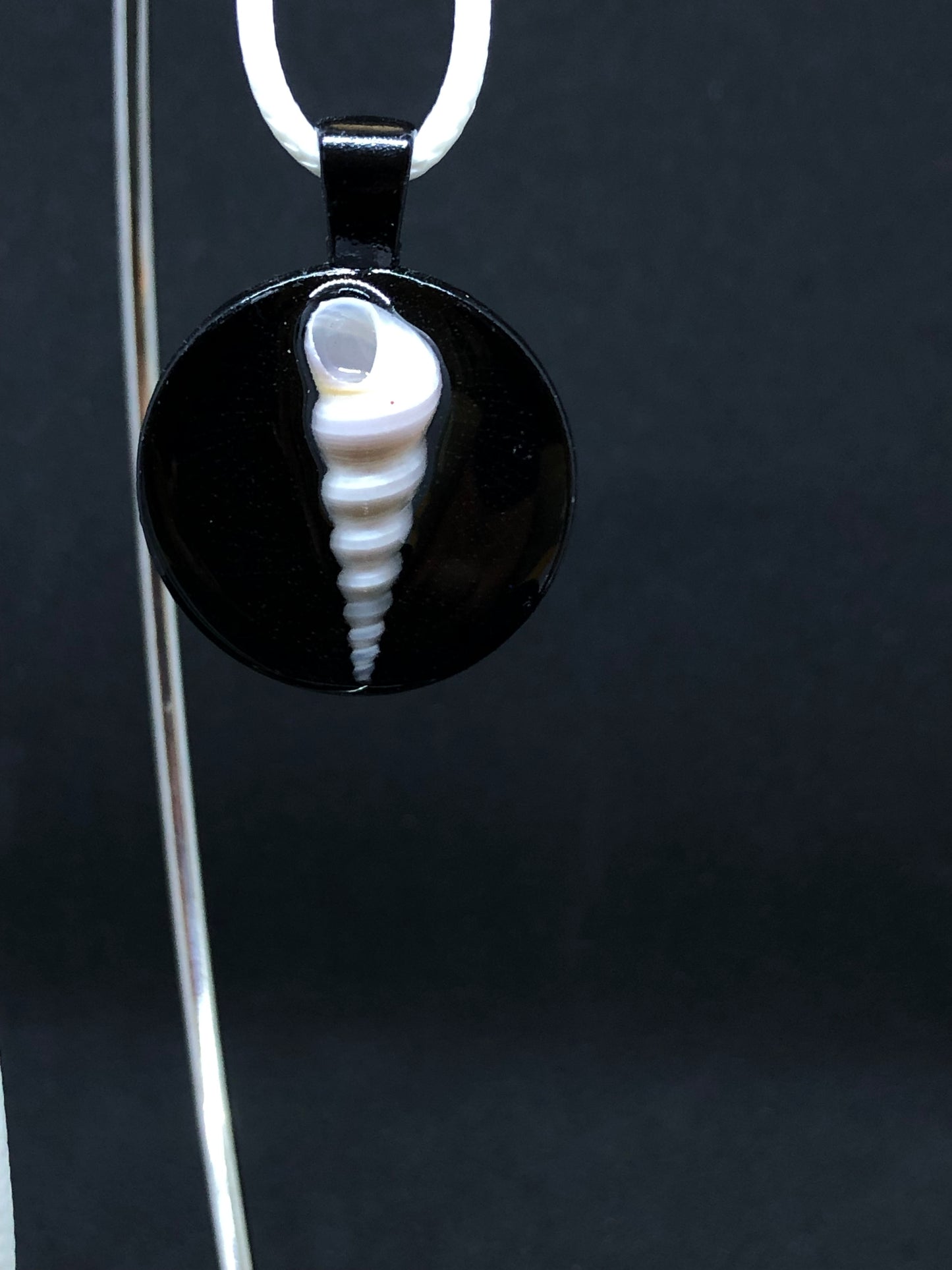Seashell / Black Pendant - White Cord Necklace
