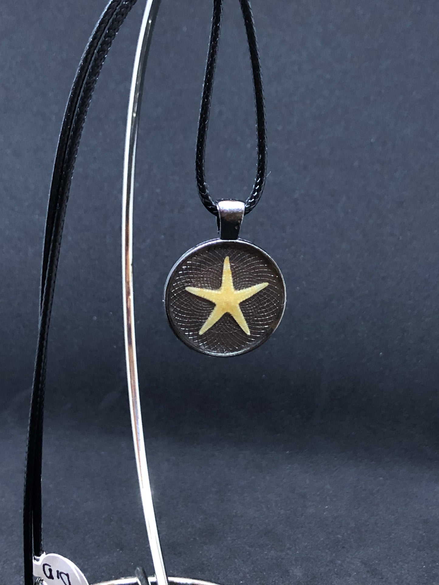 Starfish / Antique Gold Pendant - Black Cord Necklace