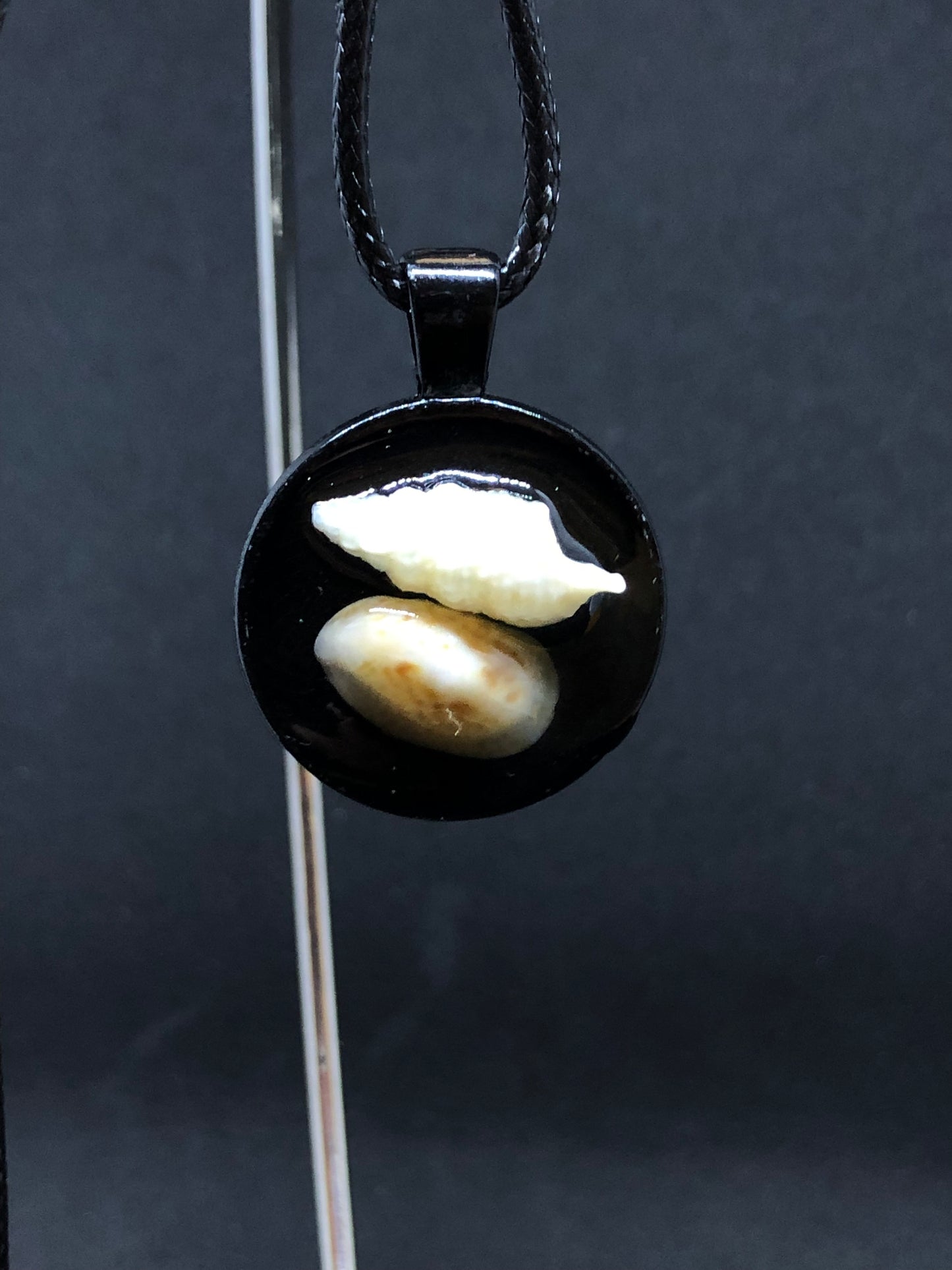 Seashell Duo / Black Pendant - Black Cord Necklace