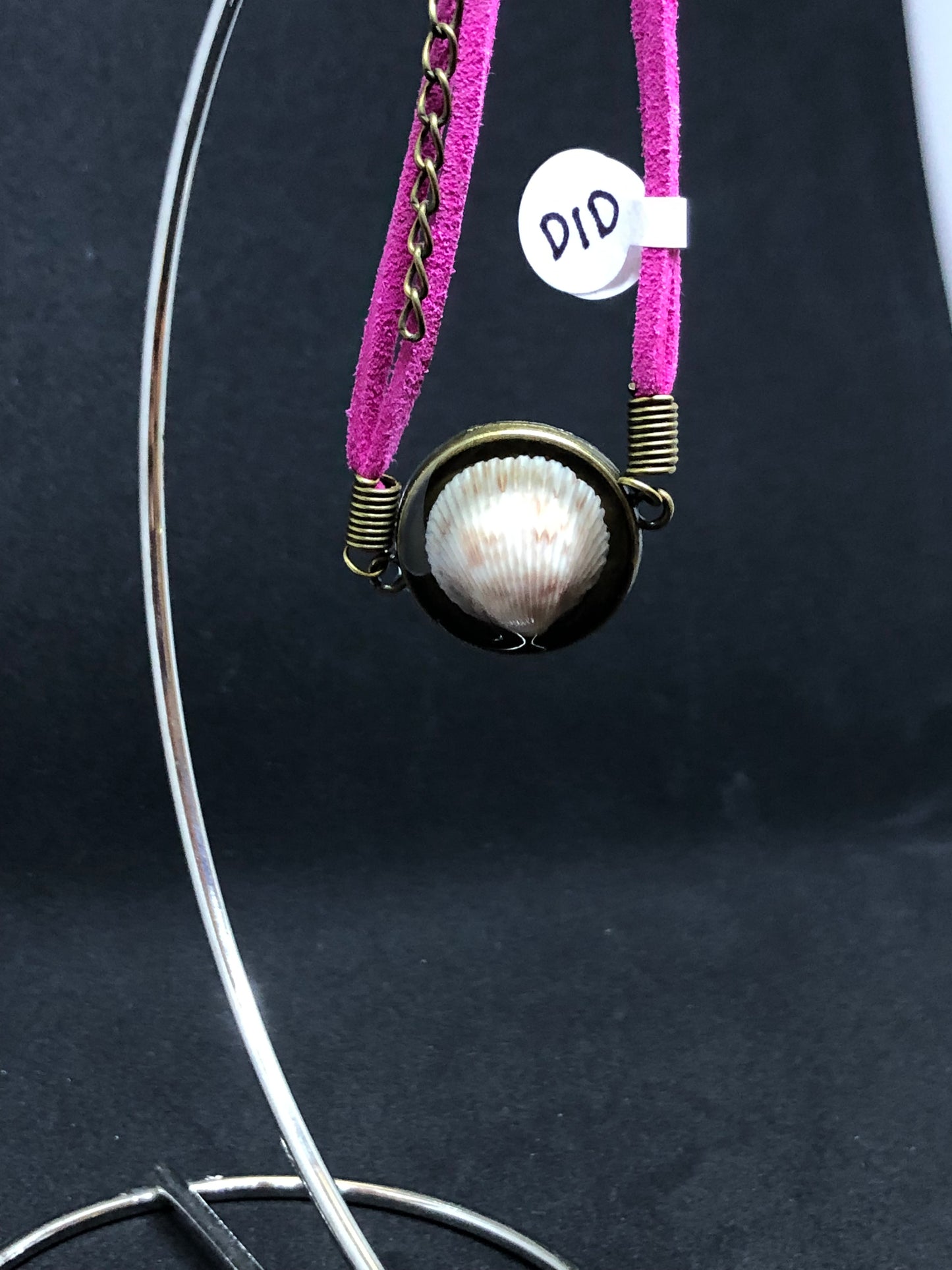 Seashell / Antique Bronze Pendant - Fuchsia Woven Leather Bracelet