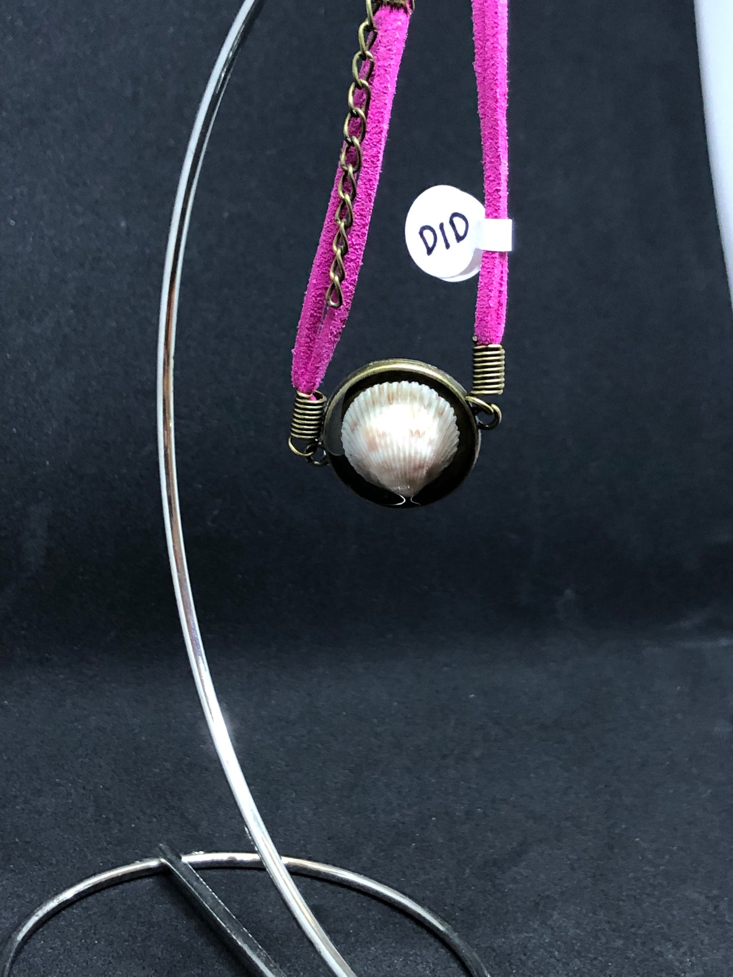 Seashell / Antique Bronze Pendant - Fuchsia Woven Leather Bracelet