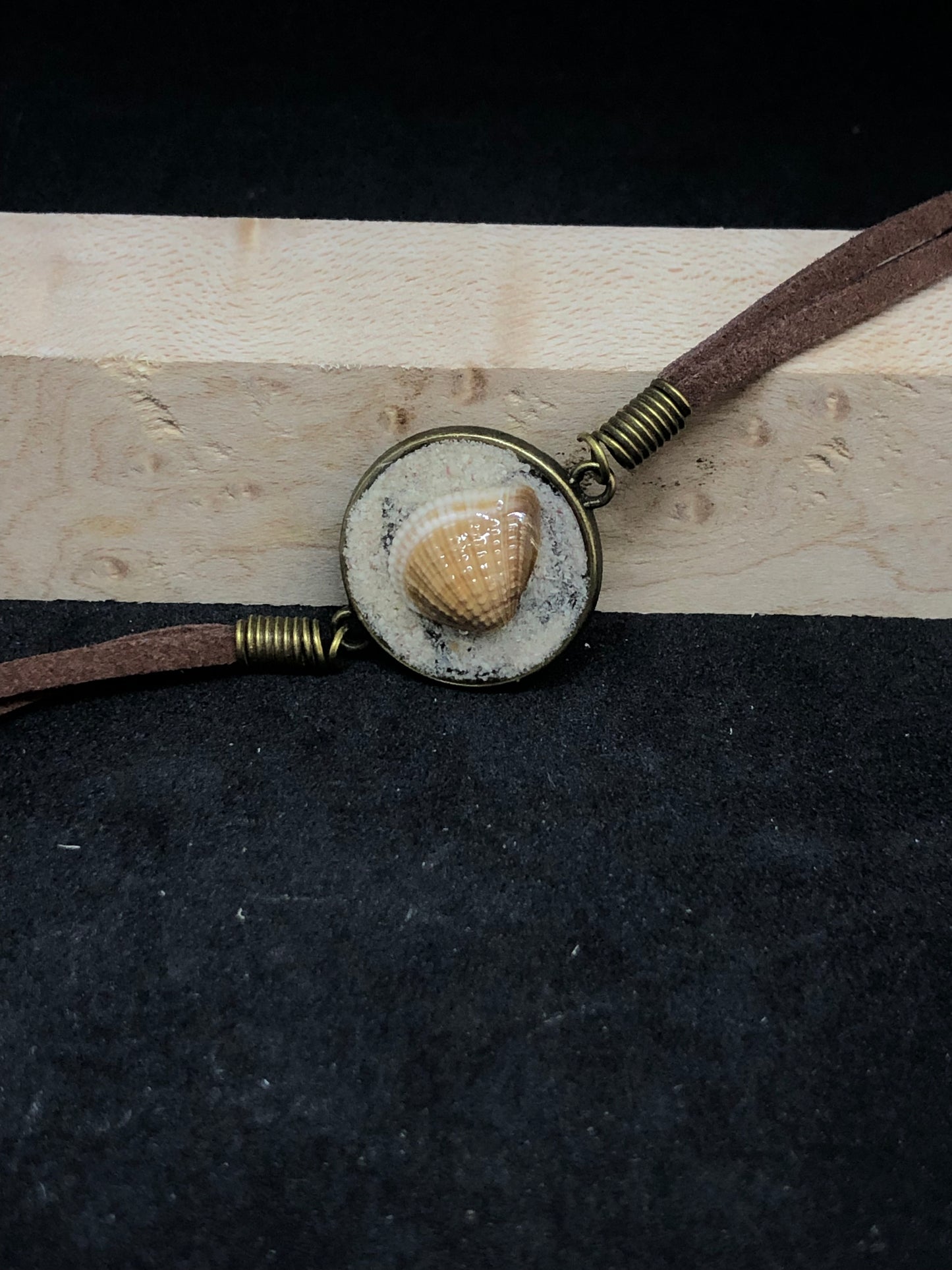 Seashell w/ Pink Sand / Antique Bronze Pendant - Brown Woven Leather Bracelet