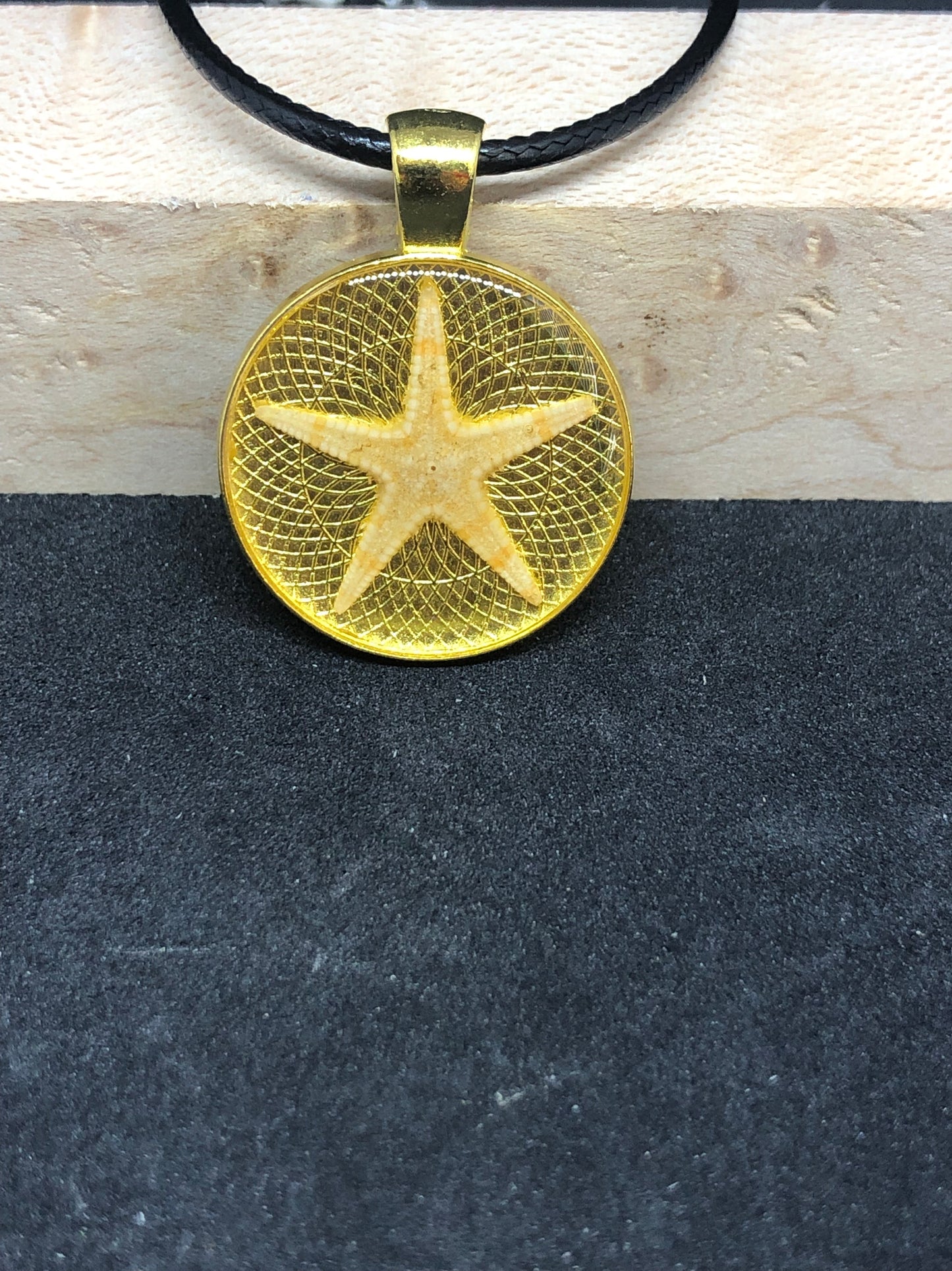 Starfish / Gold Pendant - Black Cord Necklace