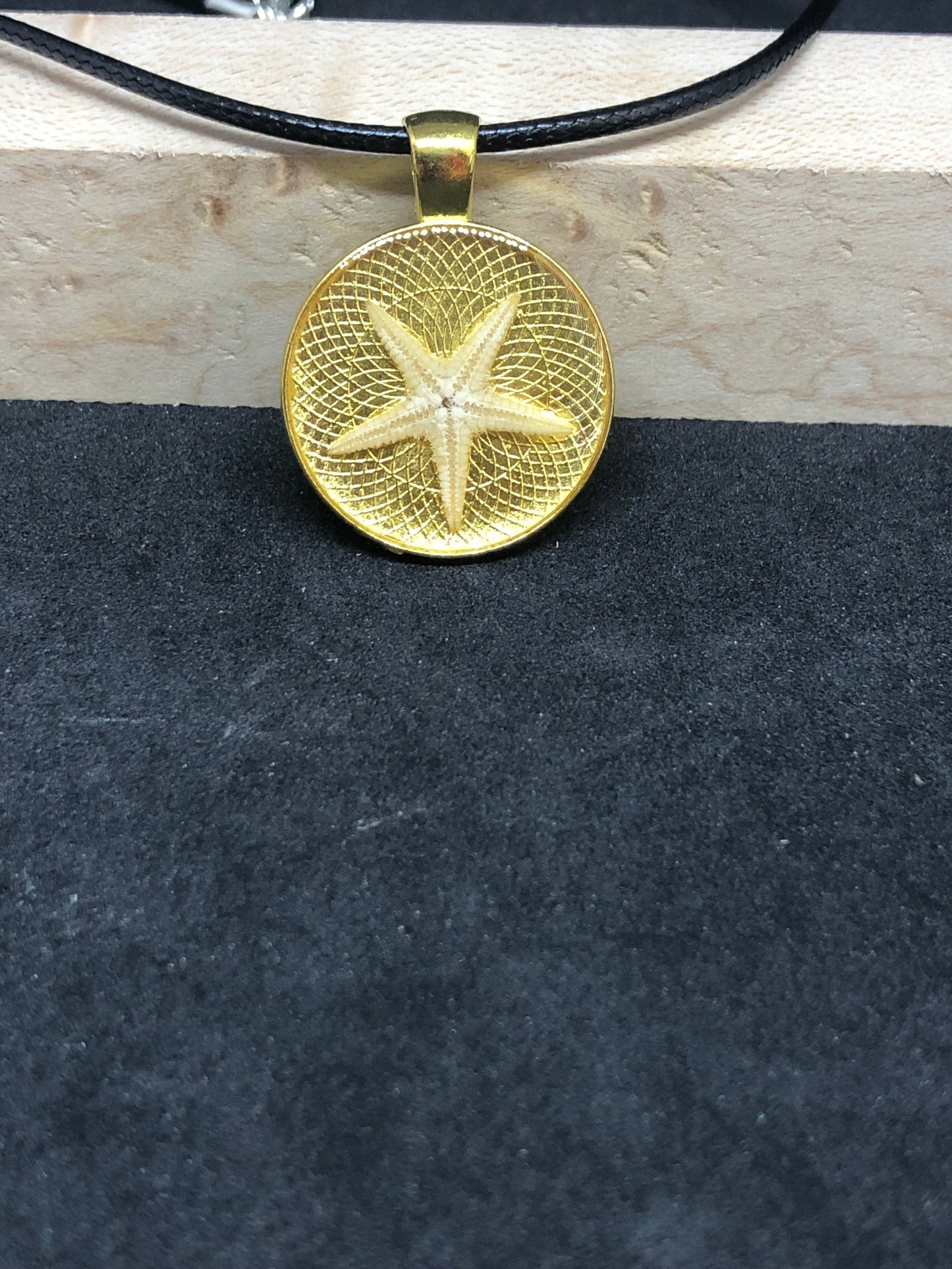 Starfish / Gold Pendant - Black Cord Necklace