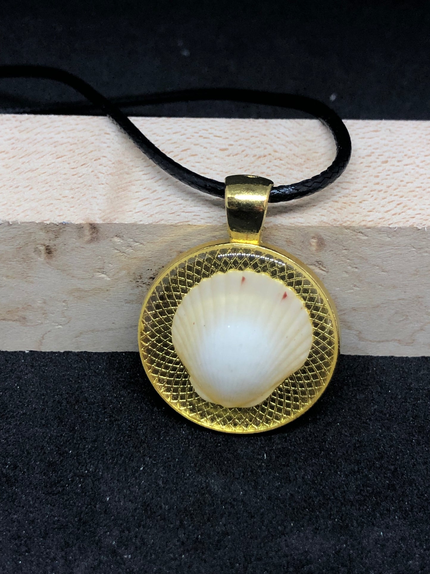 Seashell / Gold Pendant - Black Cord Necklace