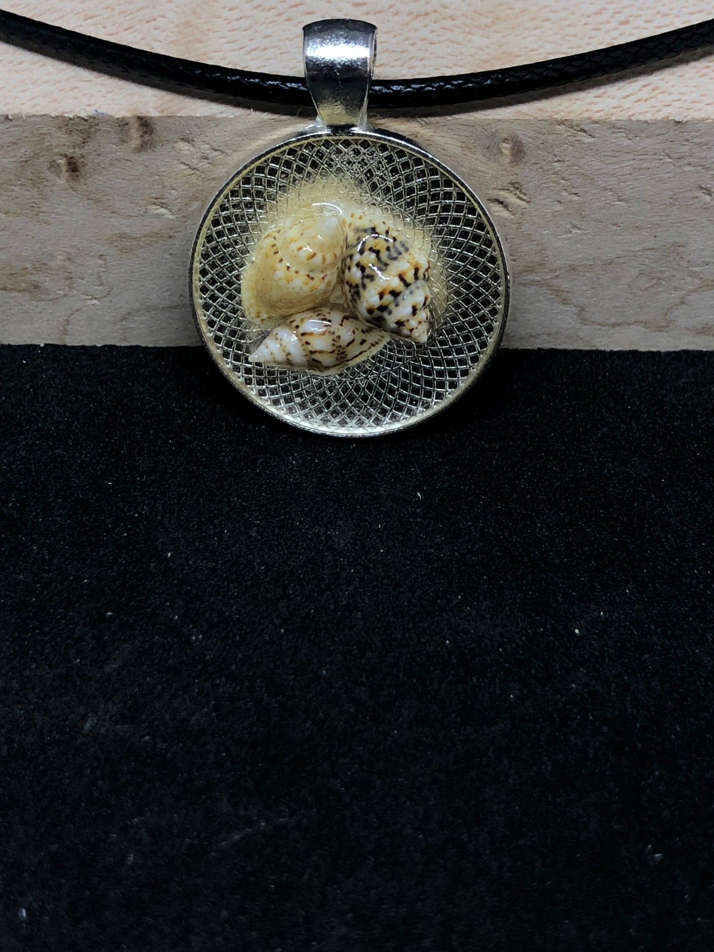 Seashell Trio / Chrome Pendant - Black Cord Necklace