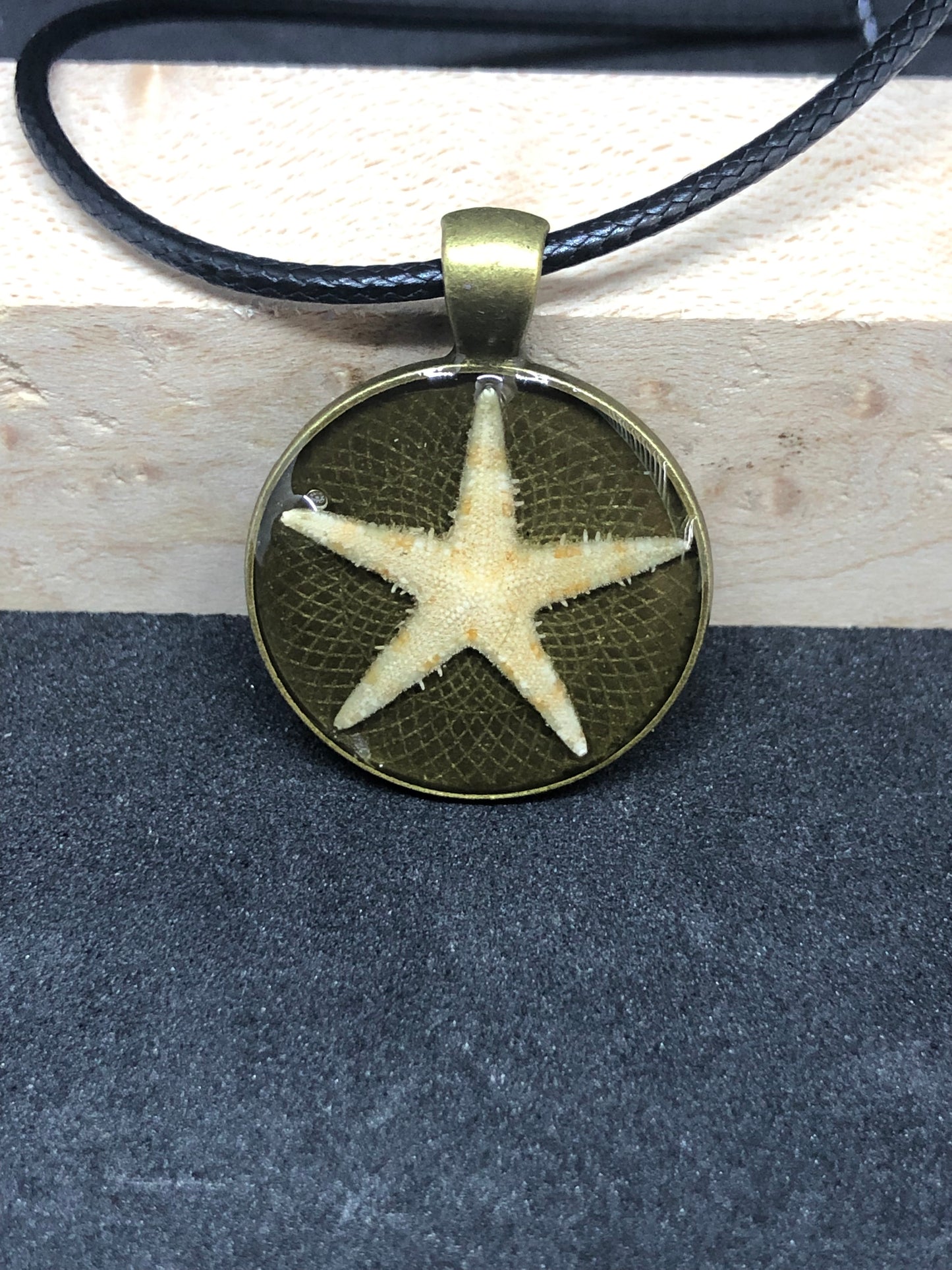 Starfish / Antique Gold Pendant - Black Cord Necklace