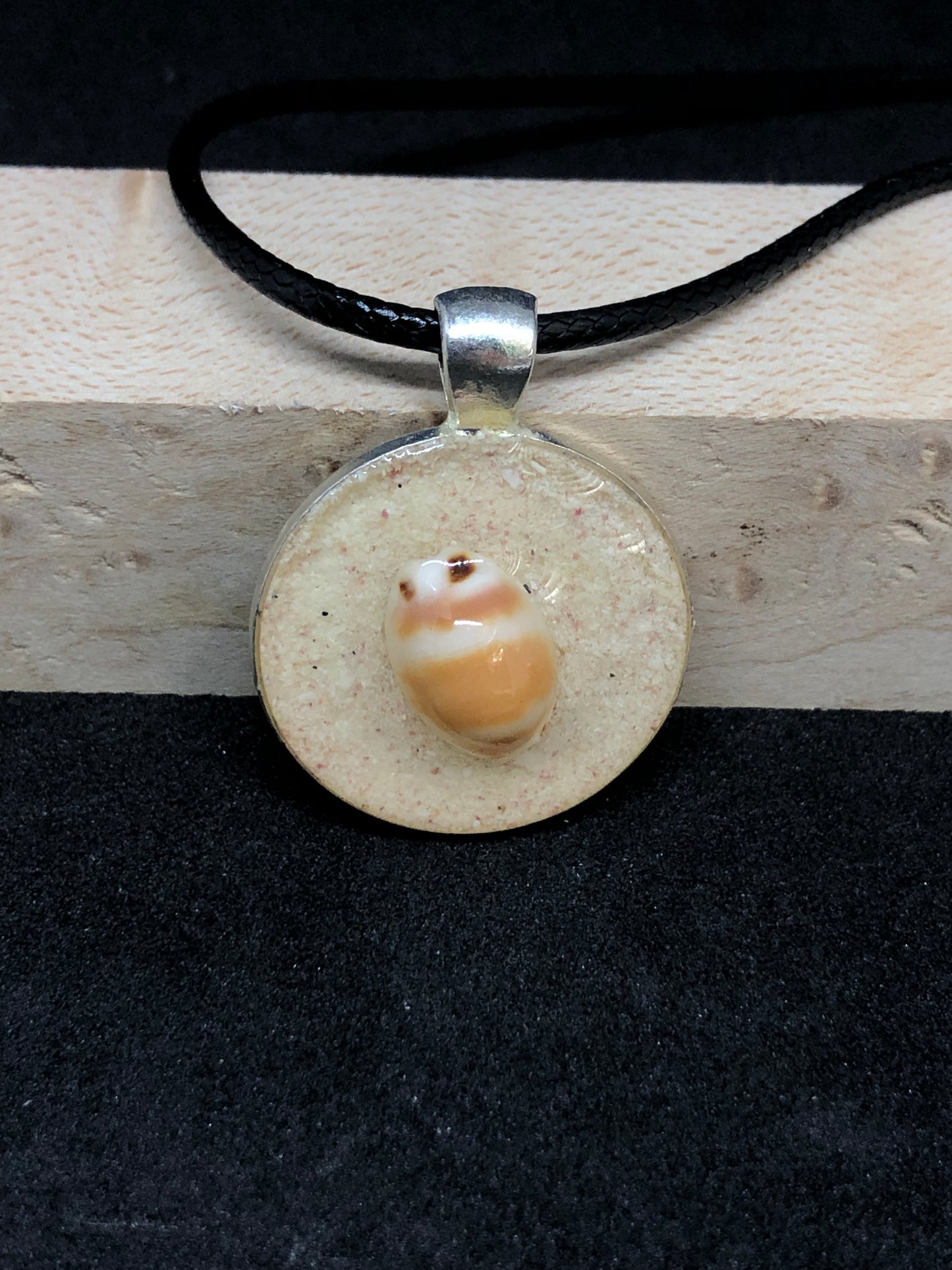 Seashell w/ Pink Sand / Silver Pendant - Black Cord Necklace