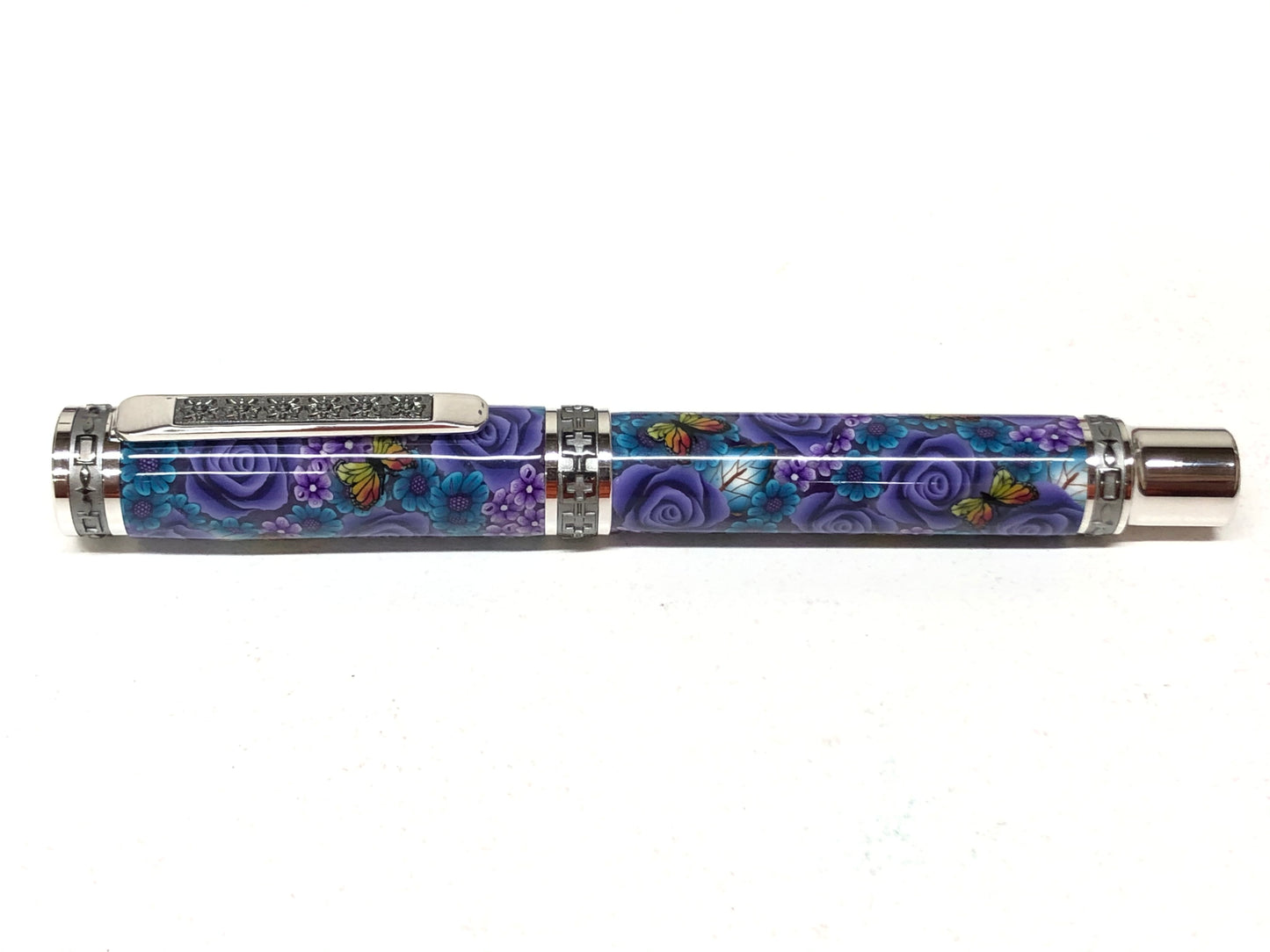 Elegant Emperor Fountain / Rhodium and Black Titanium - Purple Flowers and Butterflies Poly-Clay