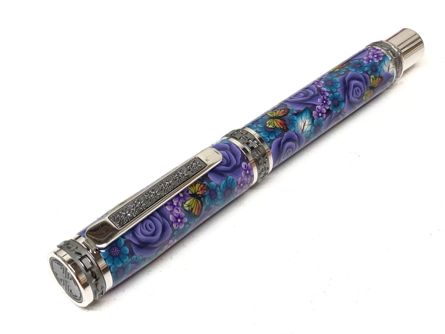 Elegant Emperor Fountain / Rhodium and Black Titanium - Purple Flowers and Butterflies Poly-Clay