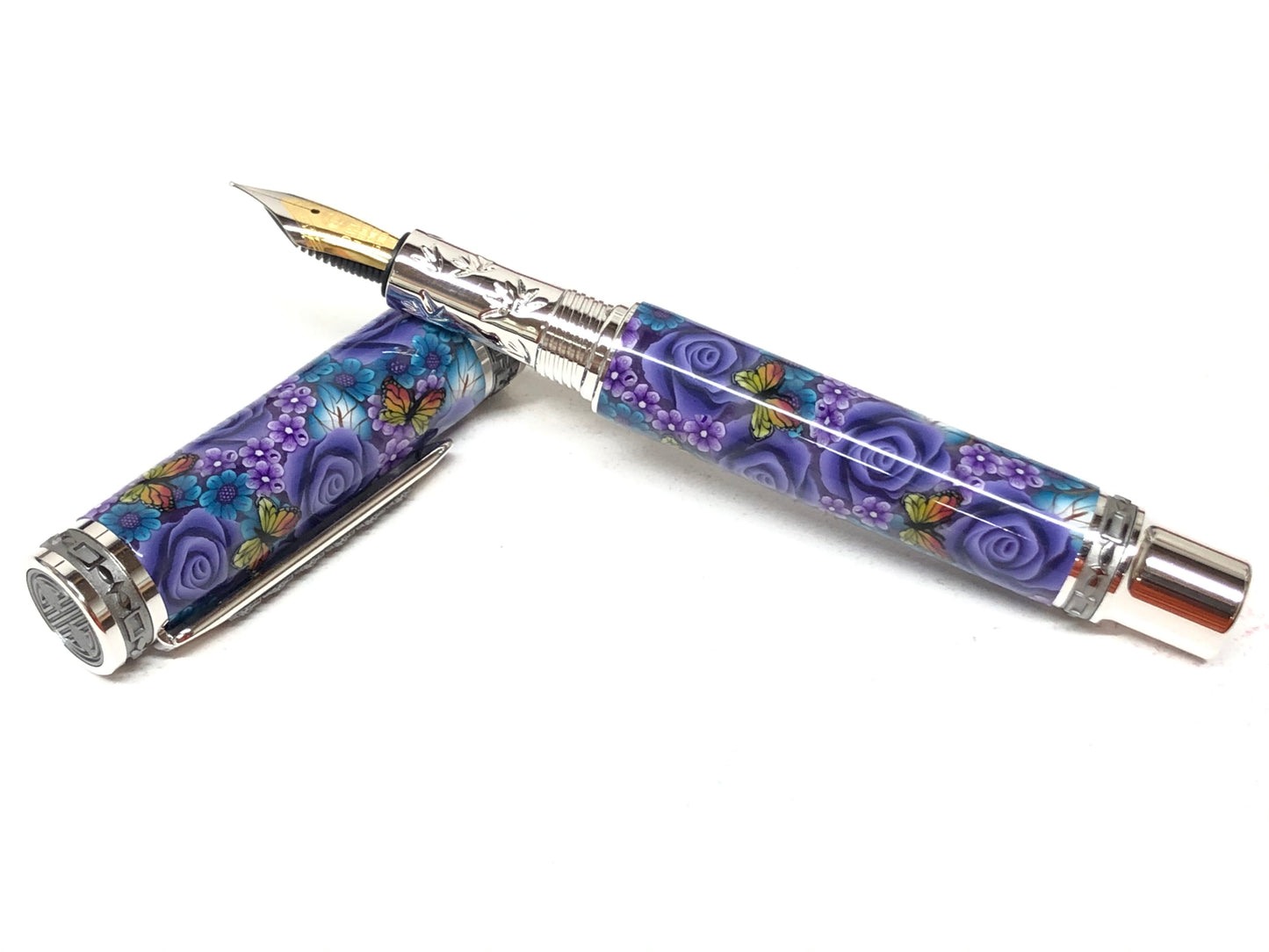 Elegant Emperor Fountain / Rhodium and Black Titanium - Purple Flowers and Butterflies Poly-Clay